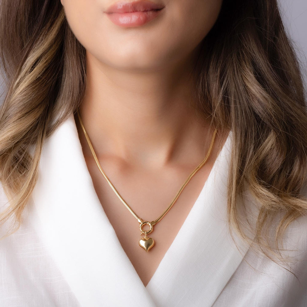 14K Solid Gold Heart Charm Necklace - Chunky Gold Chain