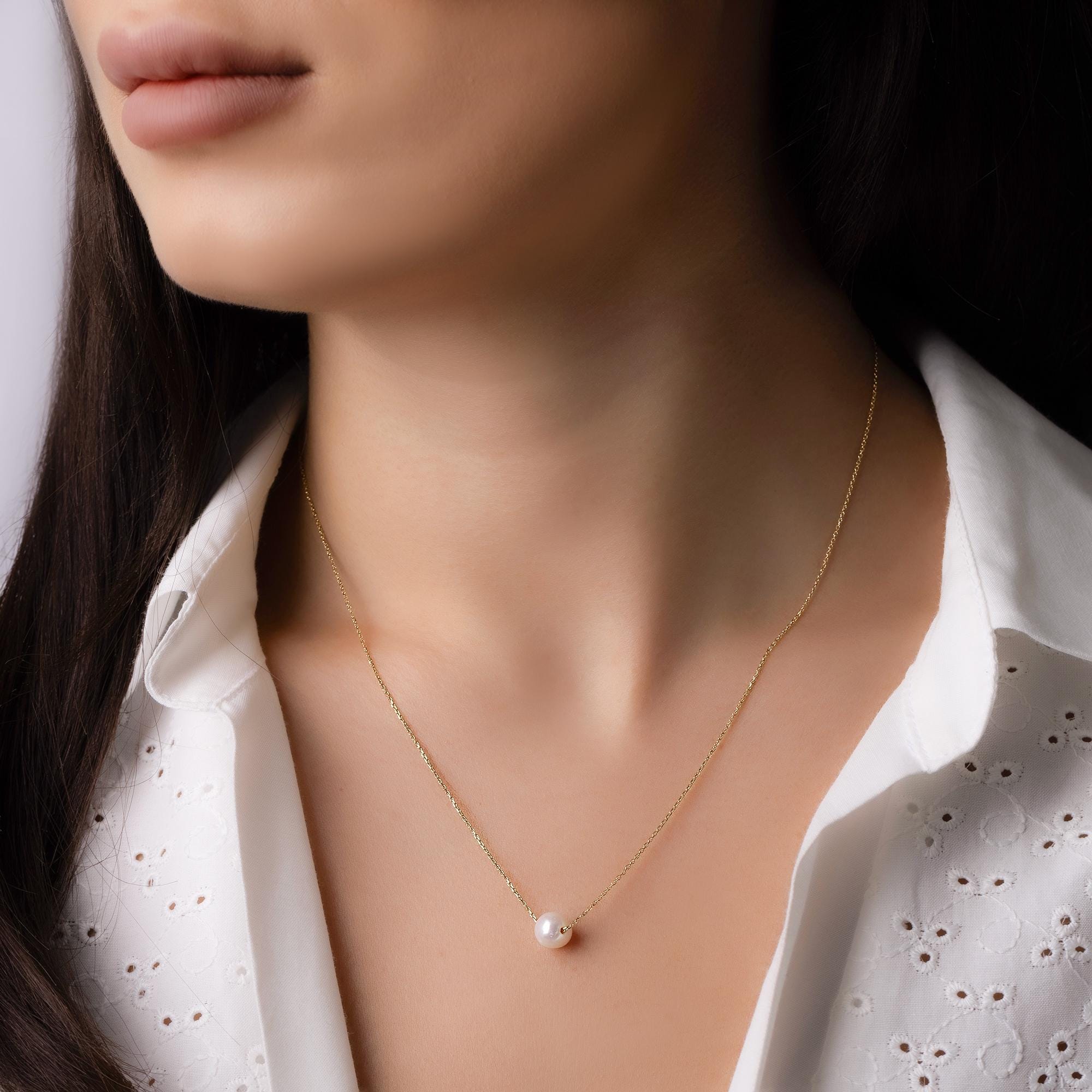 14K Solid Gold Pearl Necklace - Freshwater Pearl Chain Necklace