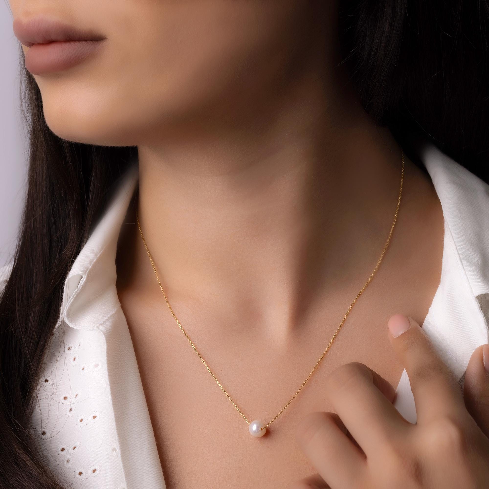 14K Solid Gold Pearl Necklace - Freshwater Pearl Chain Necklace