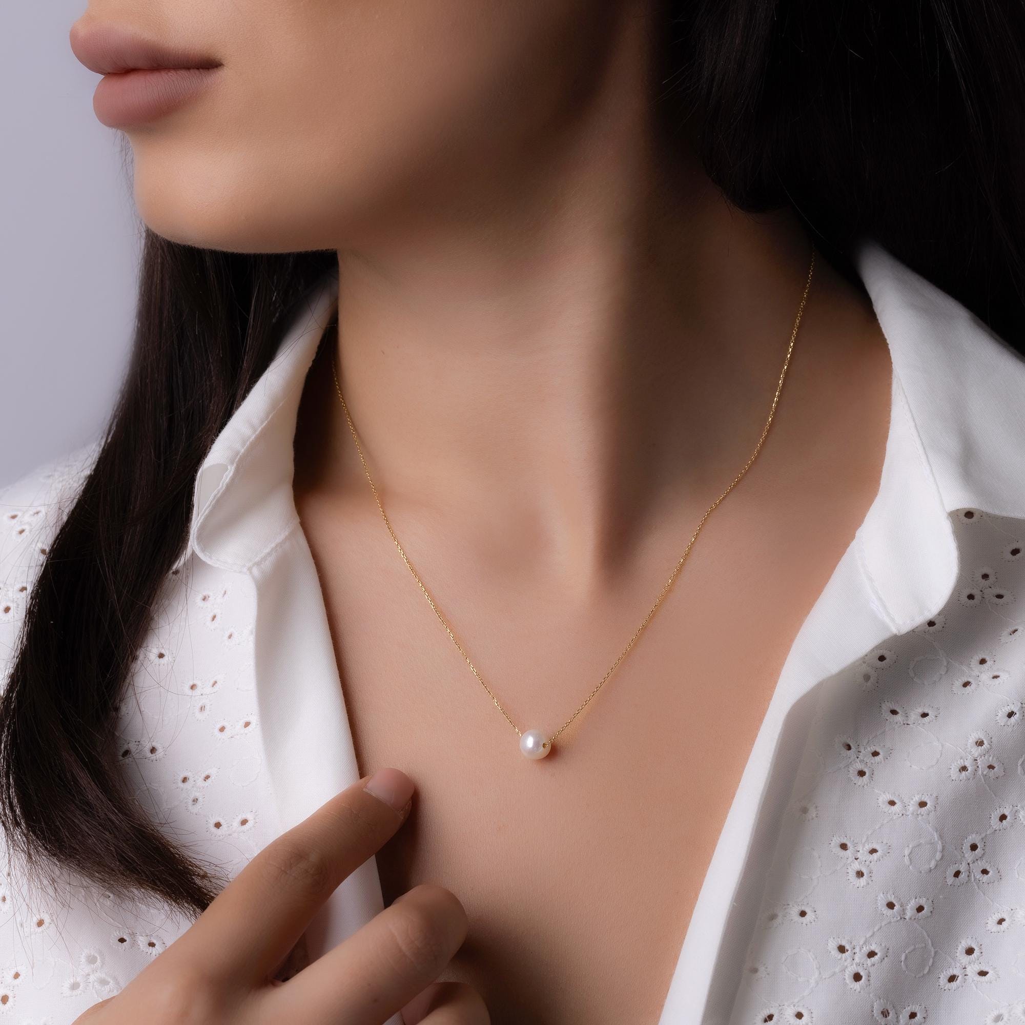 14K Solid Gold Pearl Necklace - Freshwater Pearl Chain Necklace