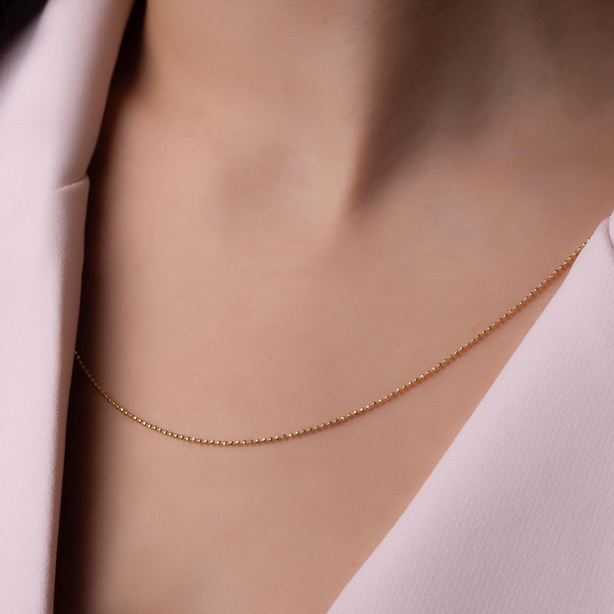 14K Solid Gold Beaded Chain Necklace – 2mm Real Gold Chain