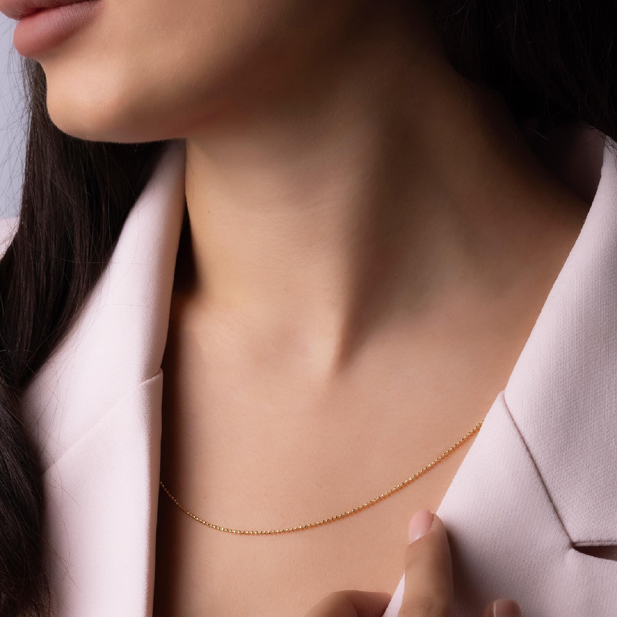 14K Solid Gold Beaded Chain Necklace – 2mm Real Gold Chain