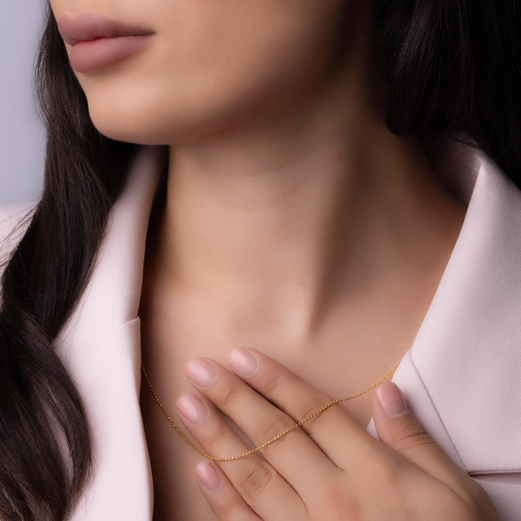 14K Solid Gold Beaded Chain Necklace – 2mm Real Gold Chain