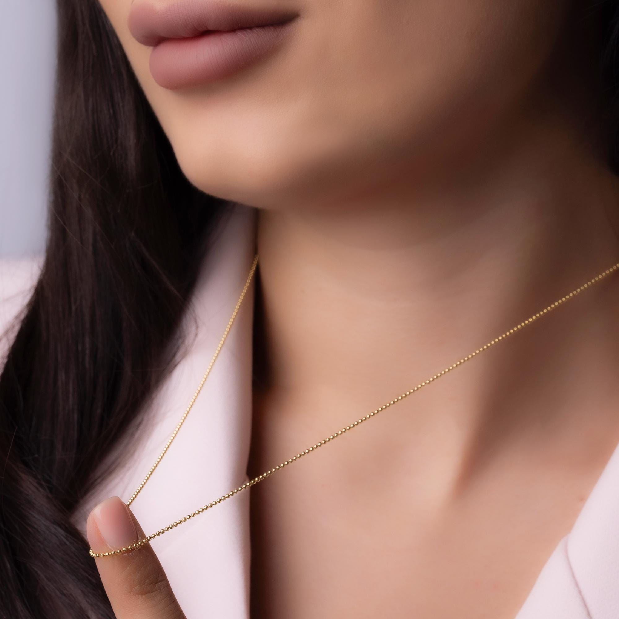 14K Solid Gold Beaded Chain Necklace – 2mm Real Gold Chain