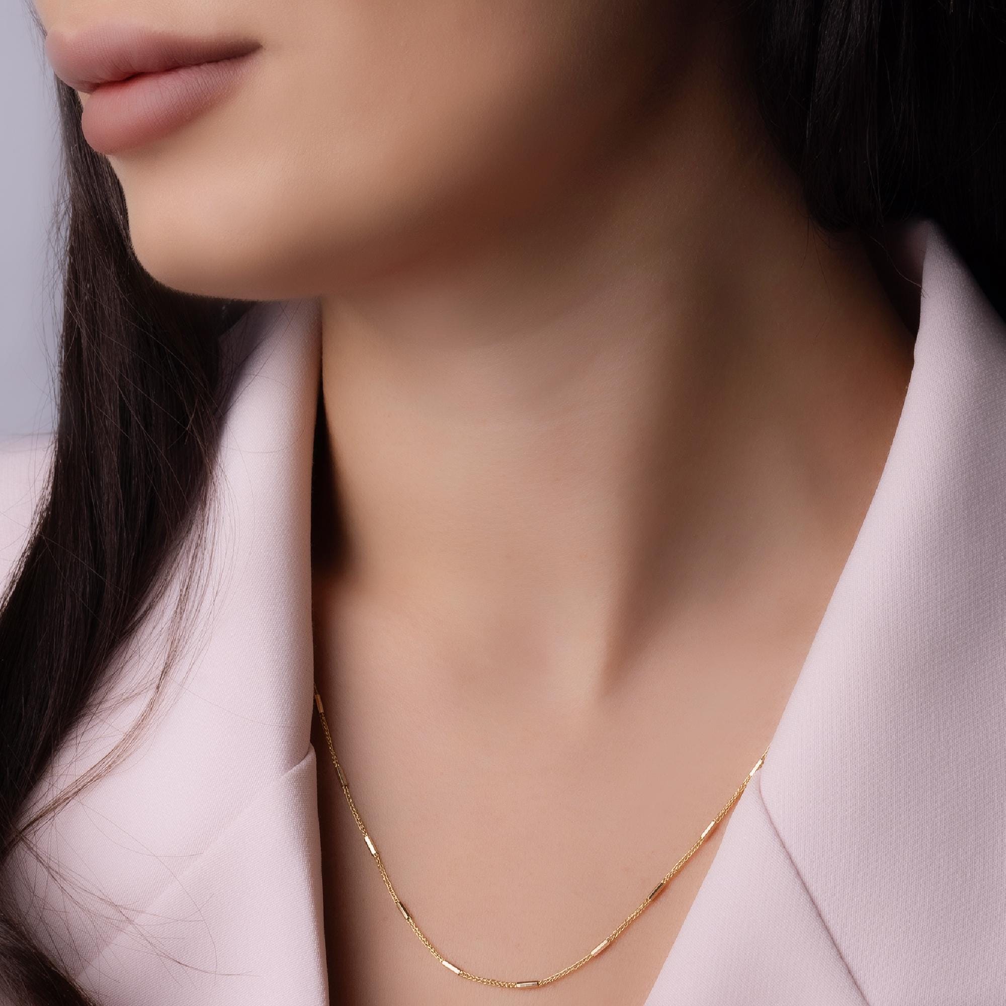 14K Solid Gold Bar Link Chain Necklace – Dainty Minimalist Jewelry