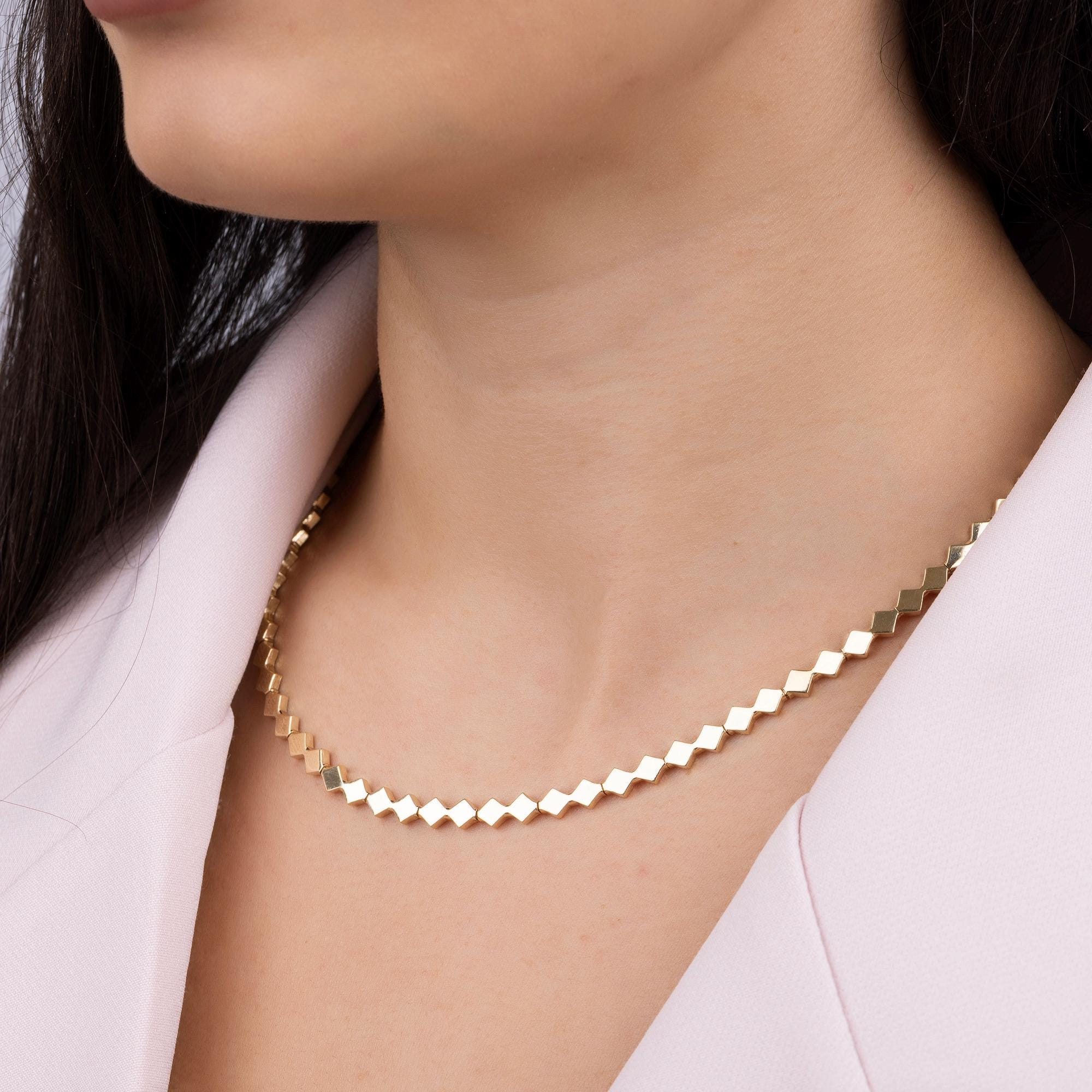 14K Solid Gold Geometric Necklace - Modern Square Link Chain