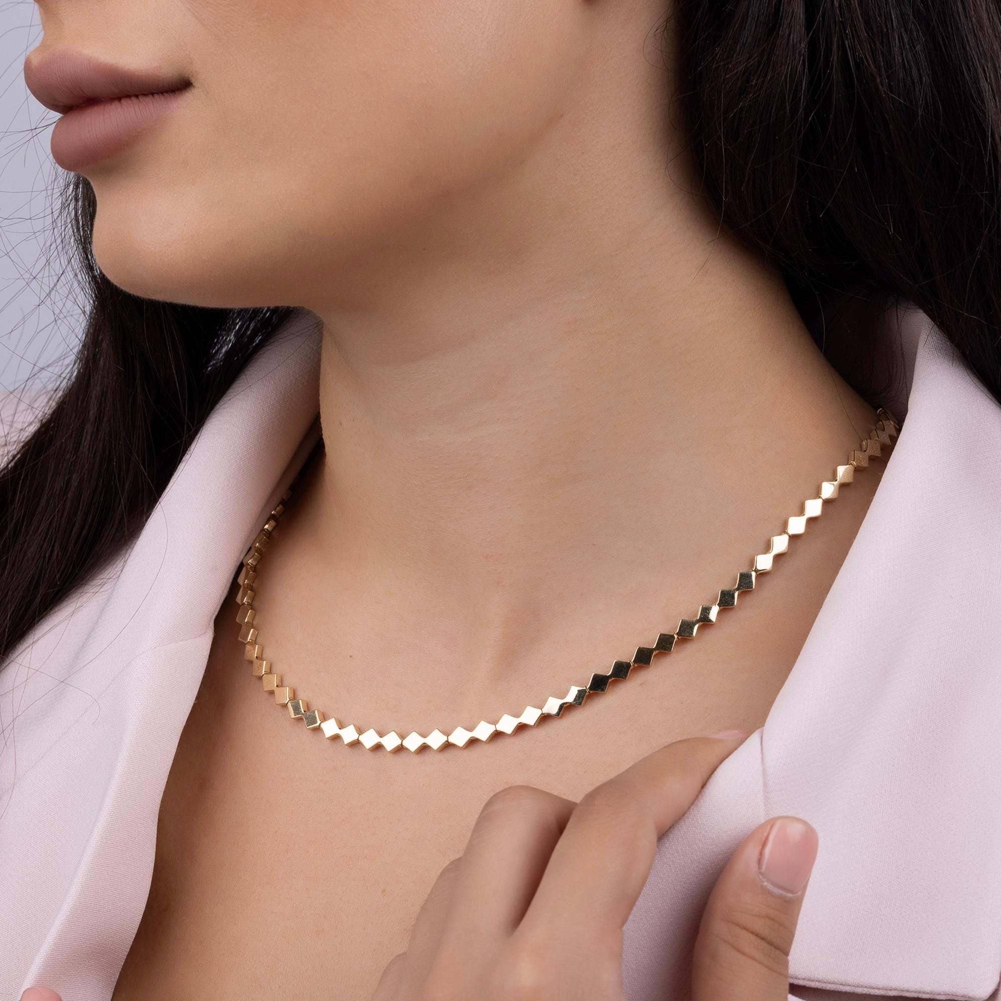 14K Solid Gold Geometric Necklace - Modern Square Link Chain