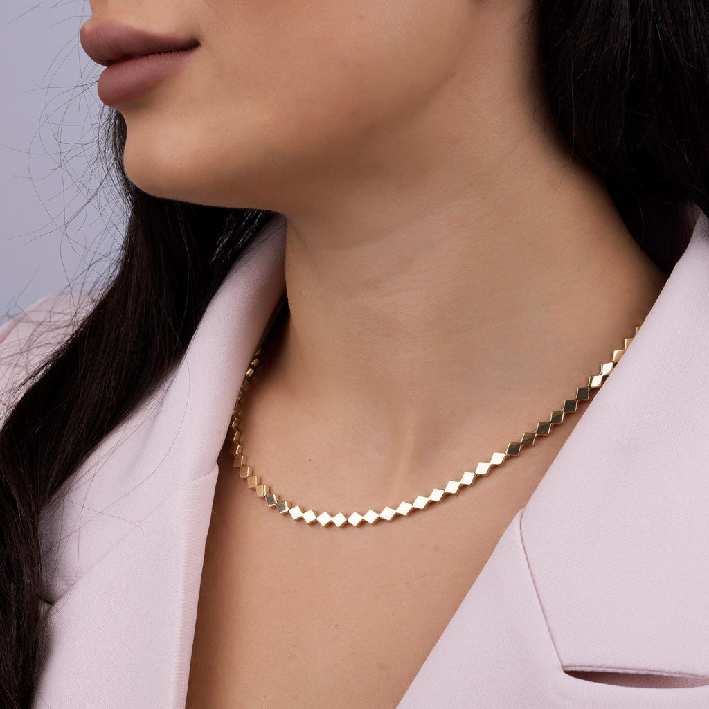 14K Solid Gold Geometric Necklace - Modern Square Link Chain