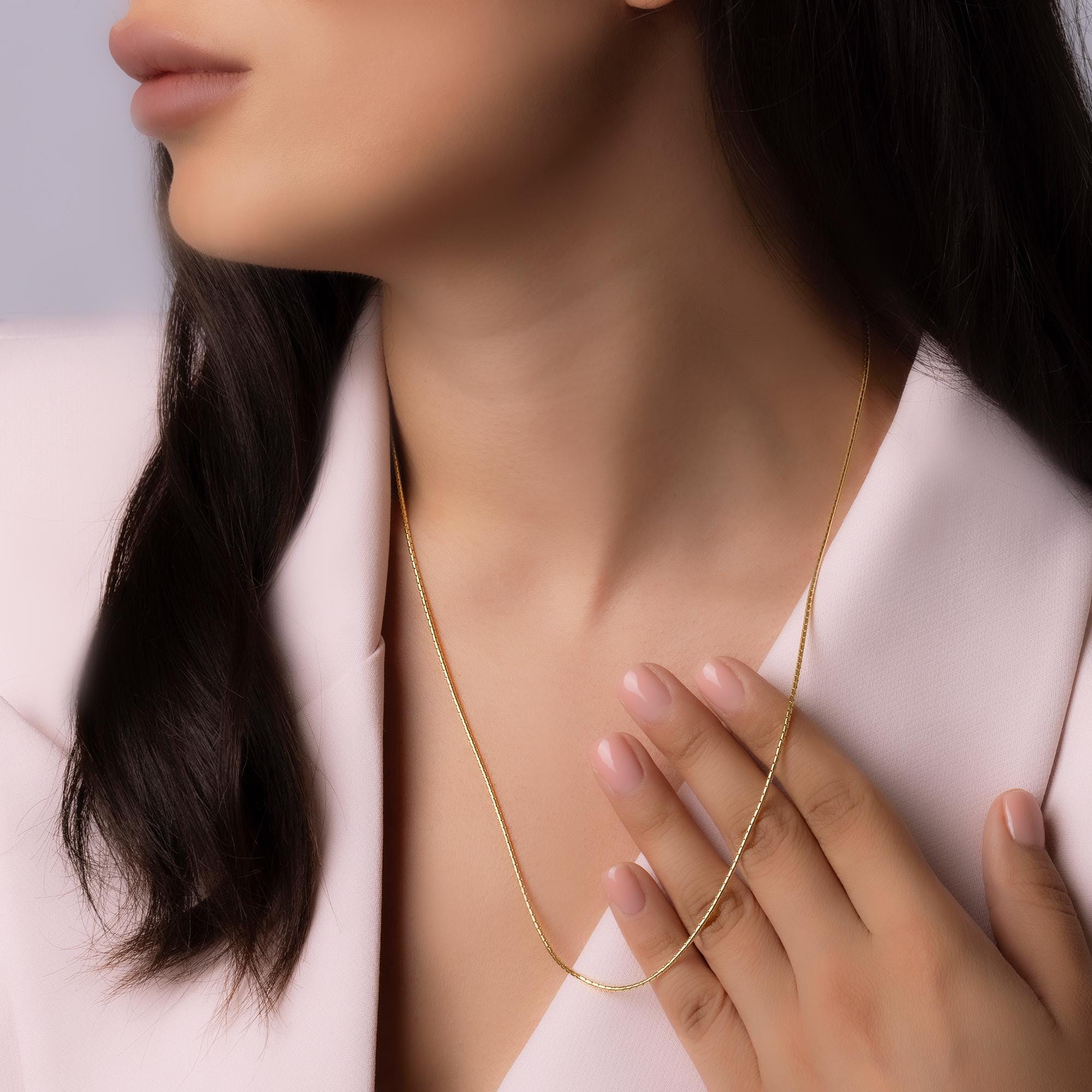 14K Solid Gold Snake Chain Necklace – Dainty Long Chain Layering Necklace