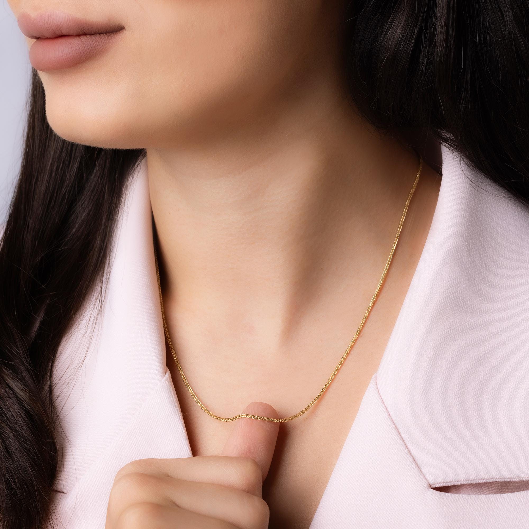 14K Solid Gold Herringbone Chain Necklace - Real Gold Flat Snake Chain