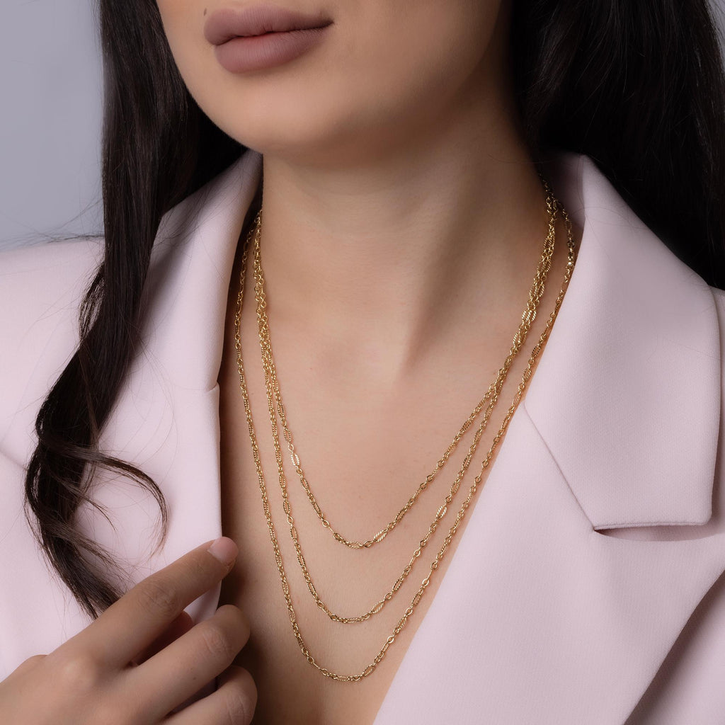 14K Solid Gold Layered Figaro Chain Necklace – Triple Strand Real Gold Jewelry
