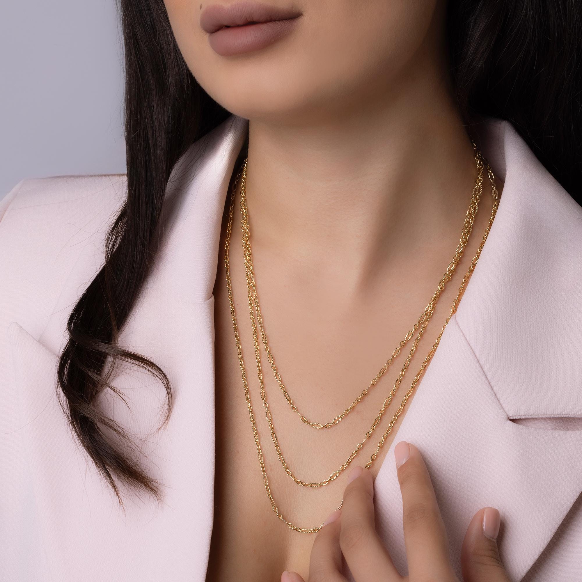 14K Solid Gold Layered Figaro Chain Necklace – Triple Strand Real Gold Jewelry