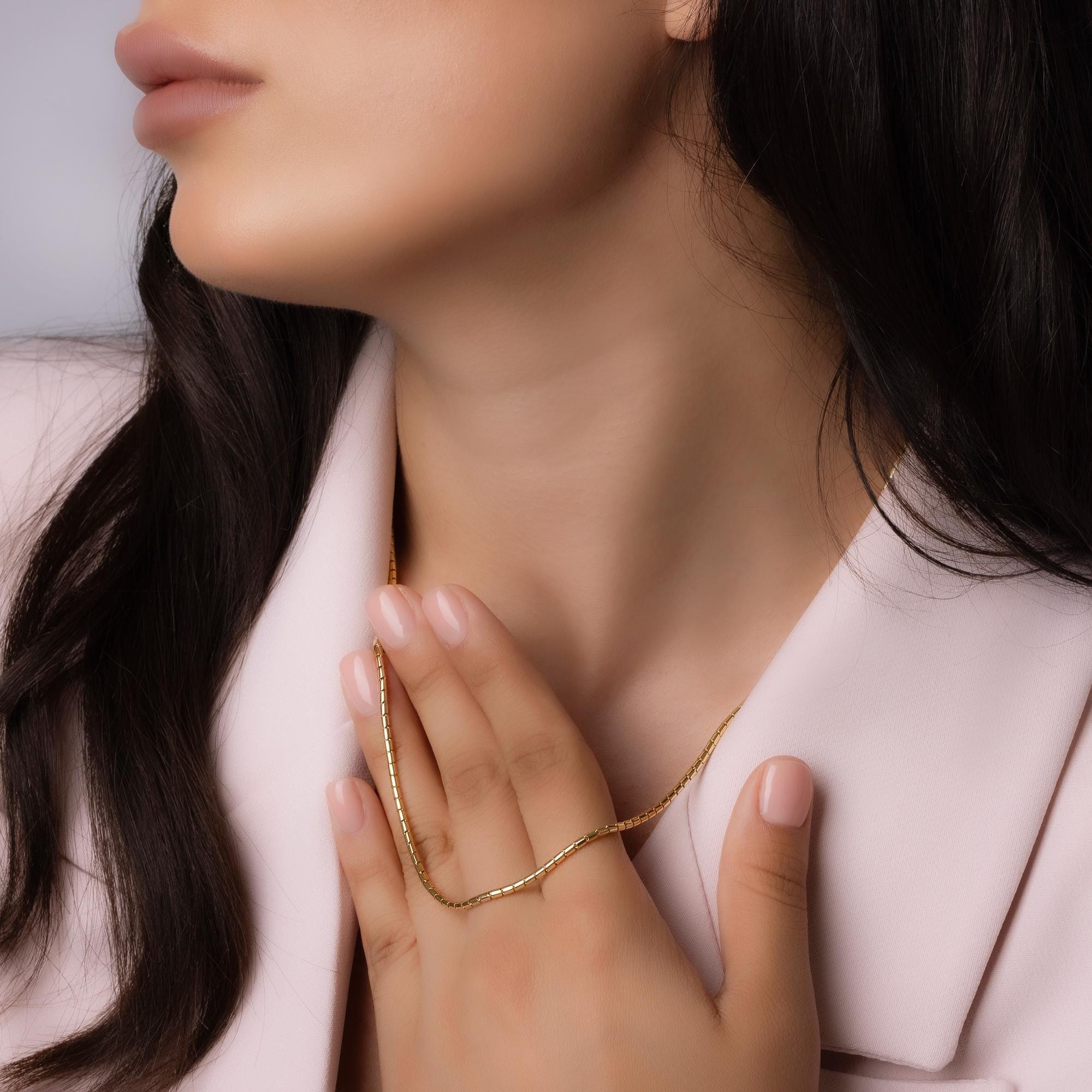 14K Solid Gold Flat Chain Necklace - Minimalist Gold Chain