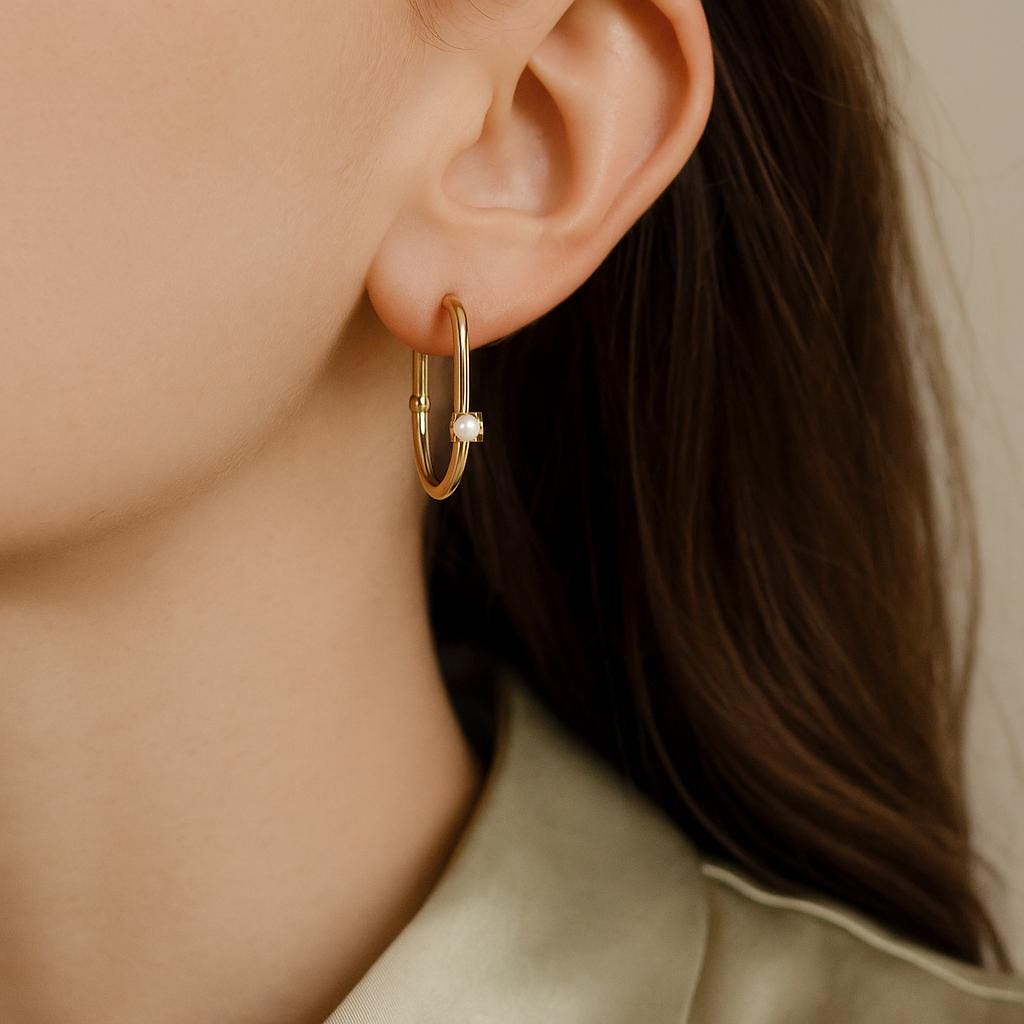 14K Solid Gold Hoop Earrings with Tiny Pearl - Minimalist Real Gold Jewelry