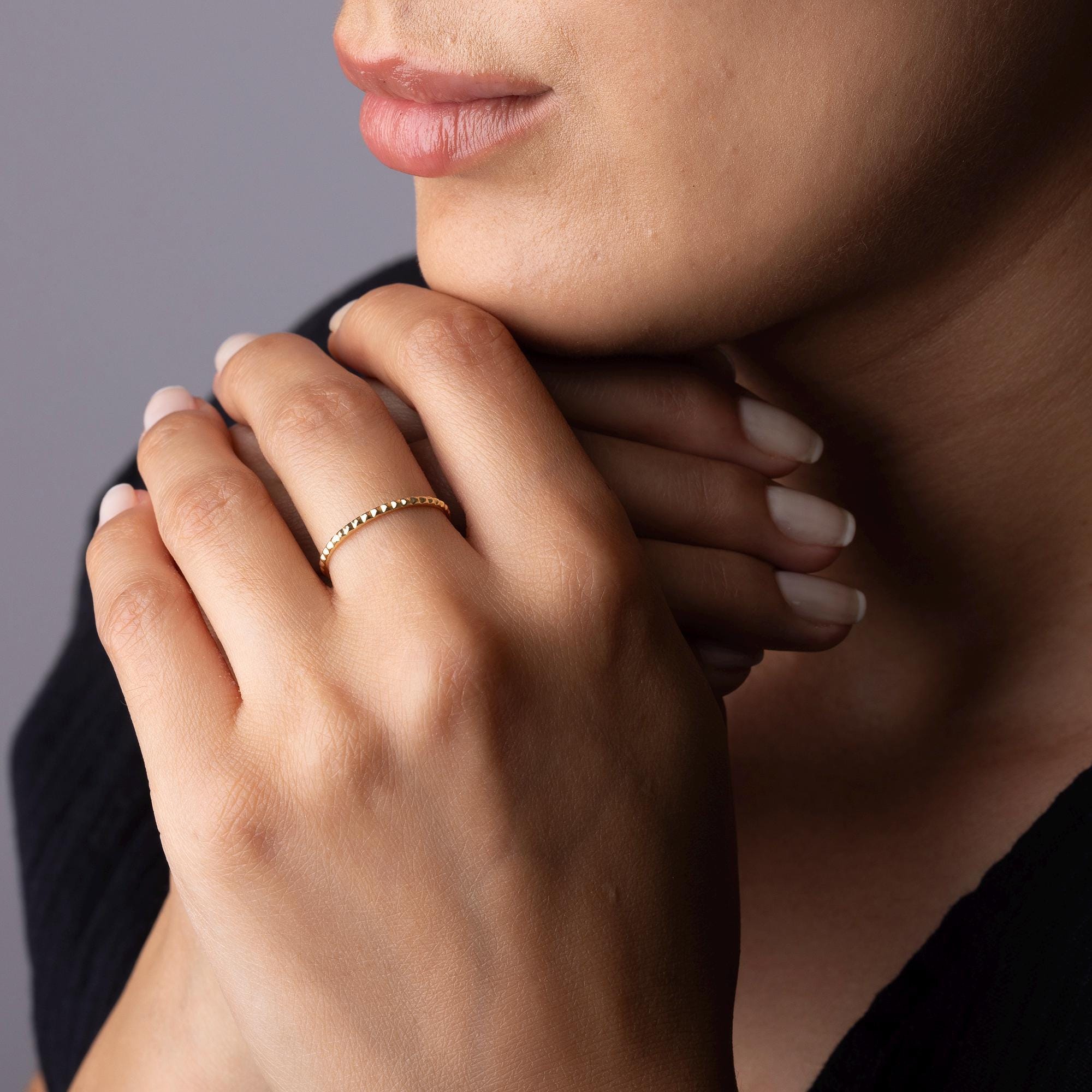 14K Solid Gold Beaded Ring – Dainty Minimalist Band, Everyday Stacking Ring