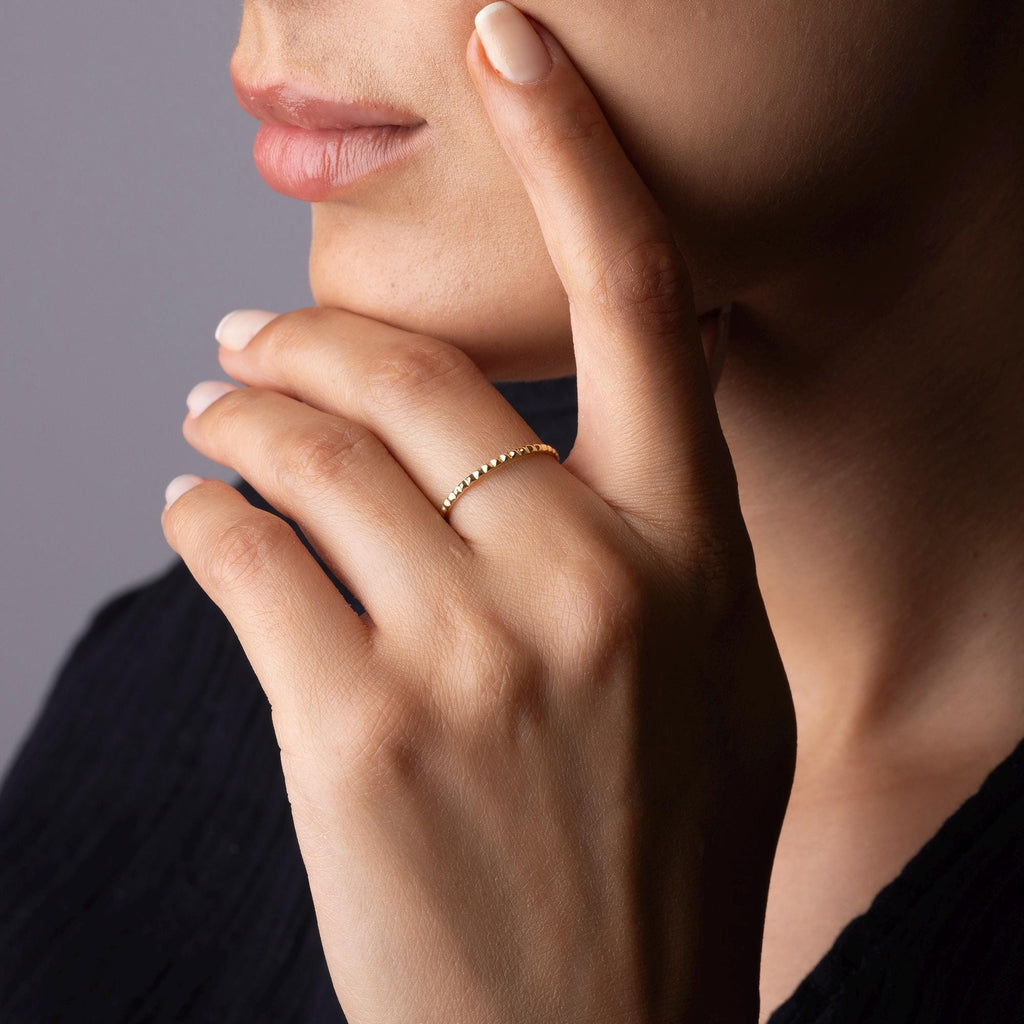 14K Solid Gold Beaded Ring – Dainty Minimalist Band, Everyday Stacking Ring