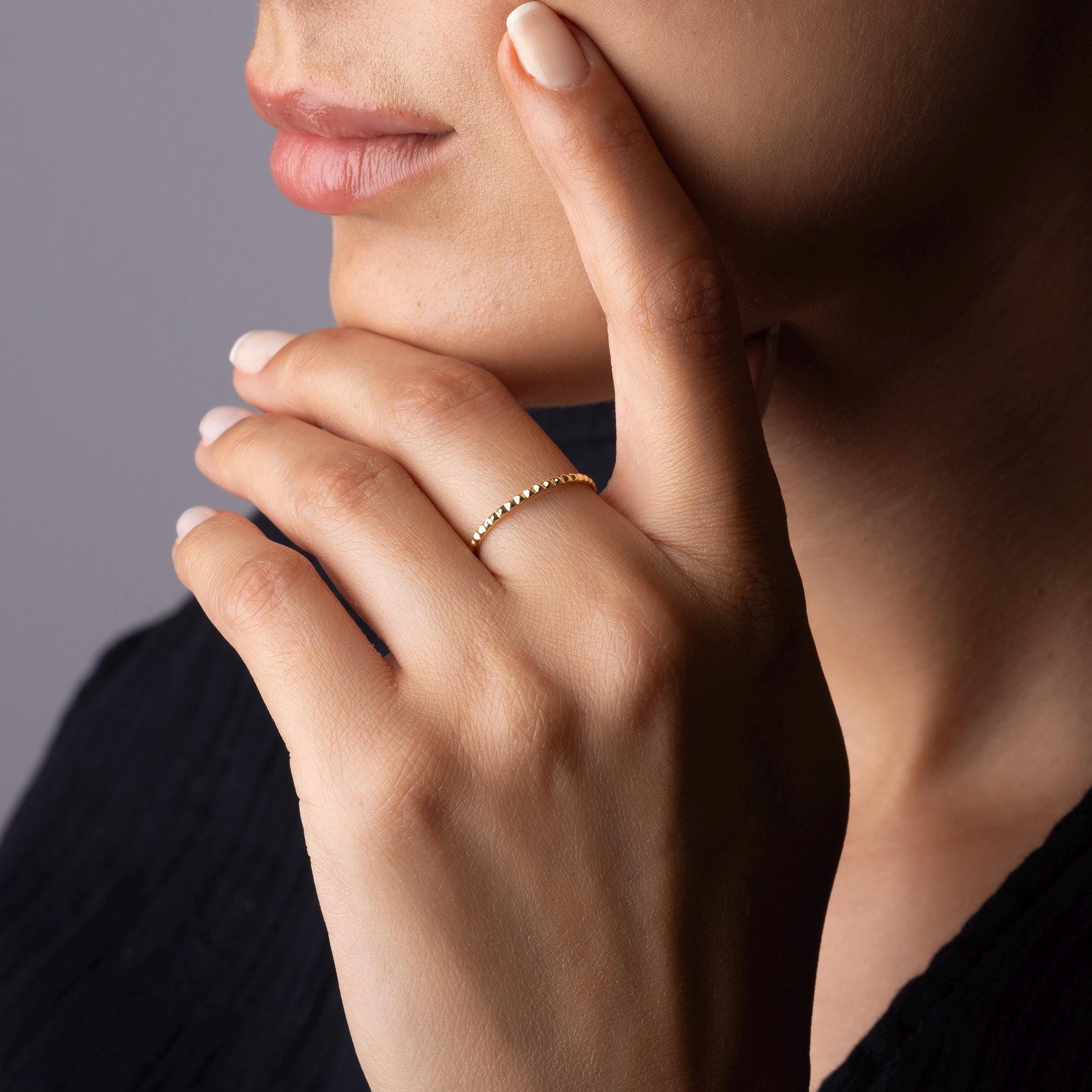 14K Solid Gold Beaded Ring – Dainty Minimalist Band, Everyday Stacking Ring