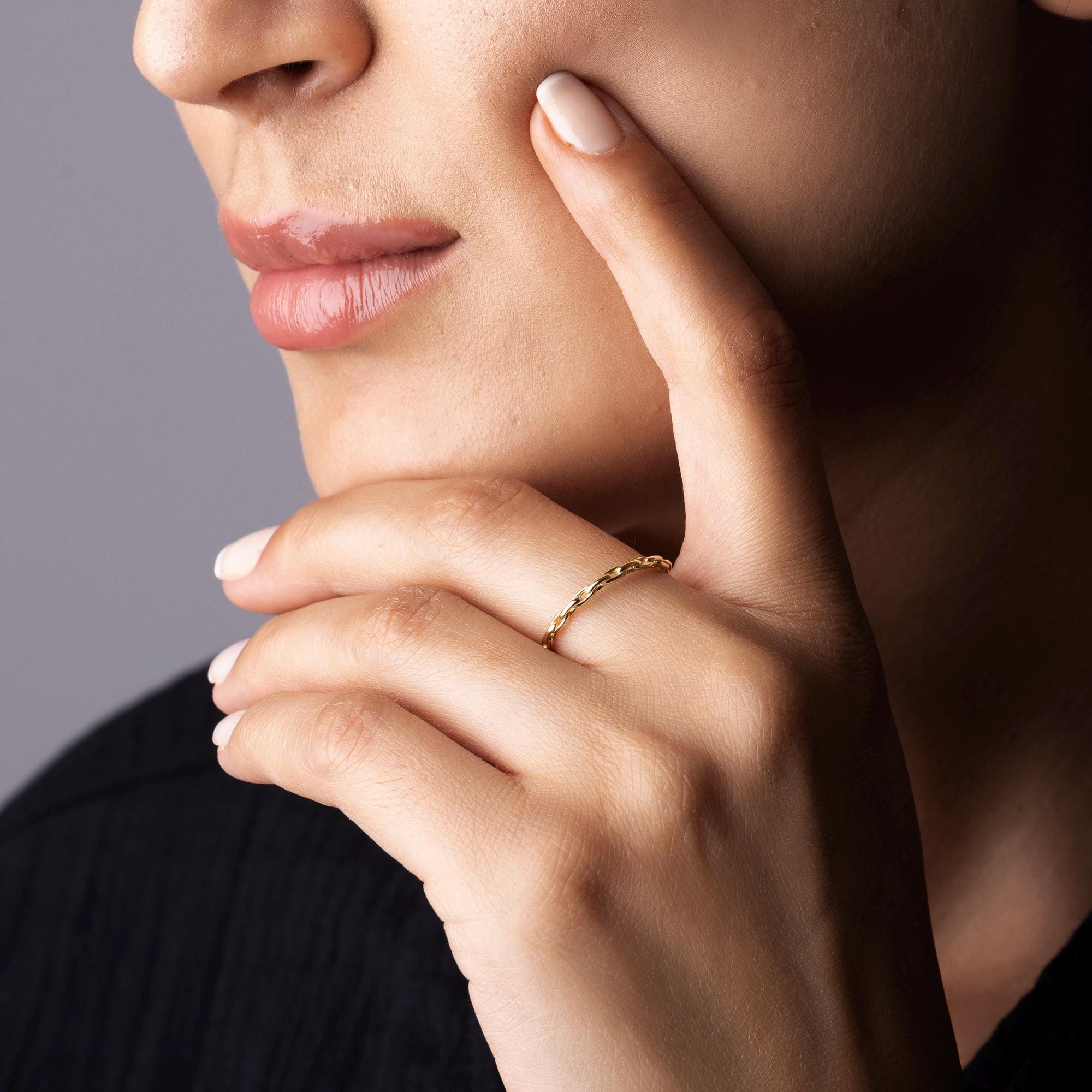 14K Solid Gold Chain Ring –  Minimalist Everyday Stacking Jewelry