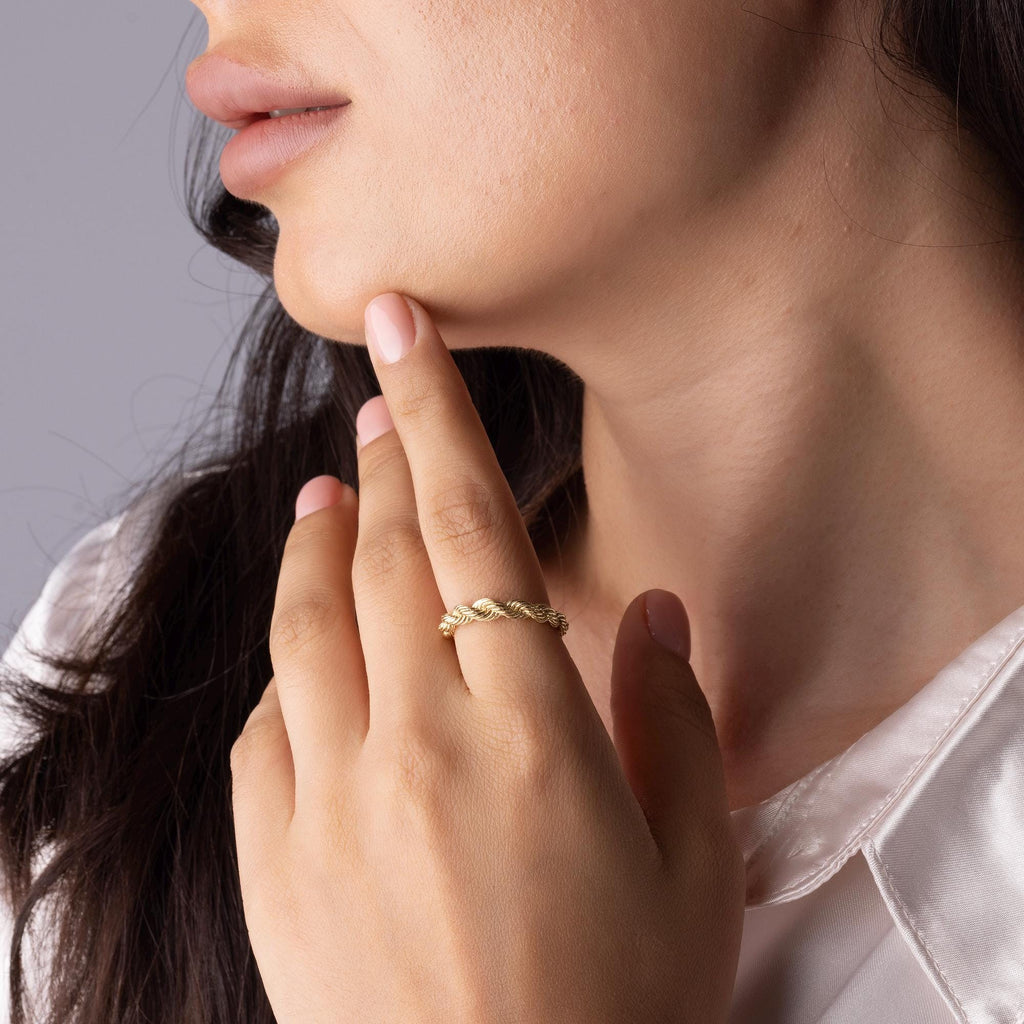 14K Solid Gold Rope Braided Ring – Dainty Twisted Rope Band