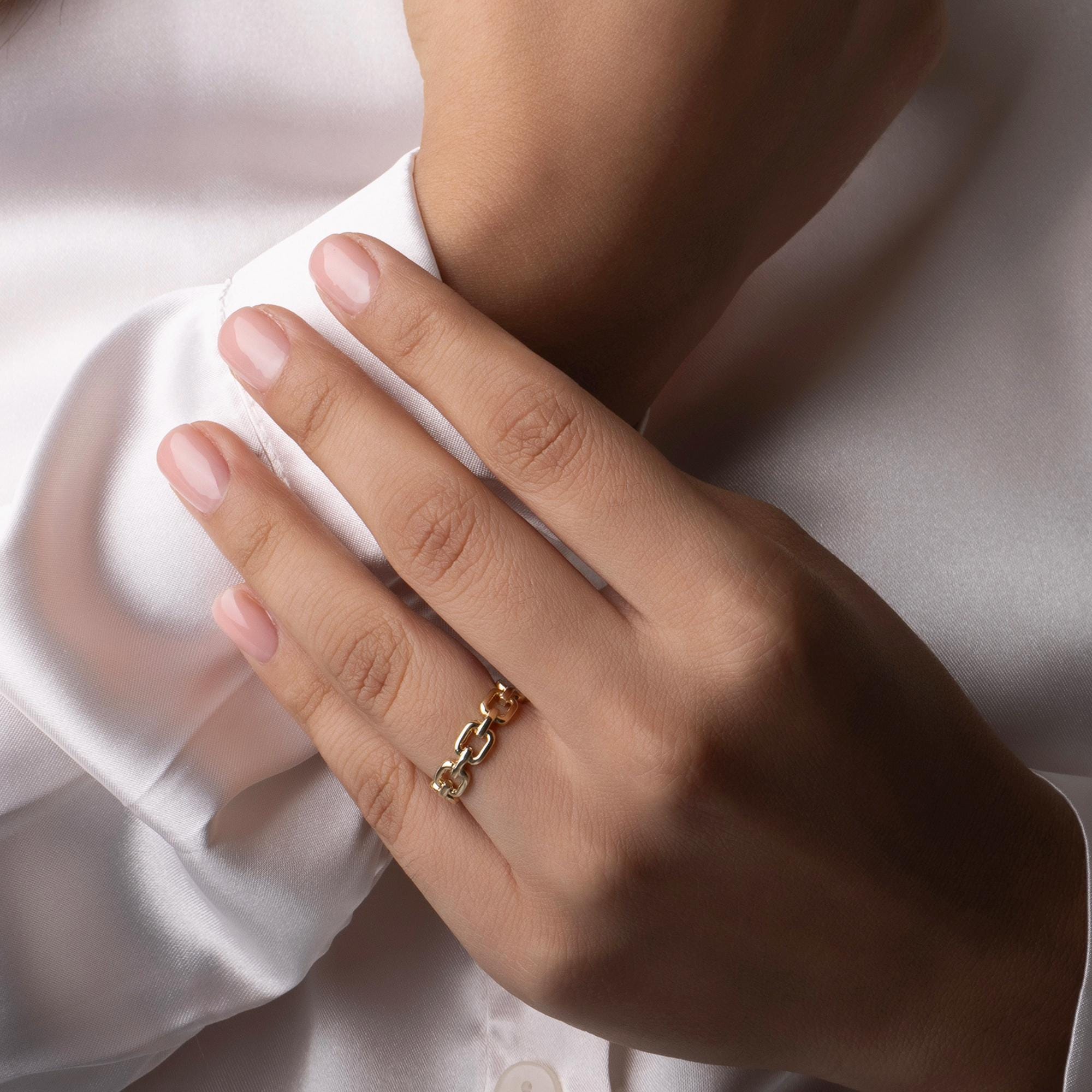14K Solid Gold Modern Chain Ring – Handmade Modern Gold Ring