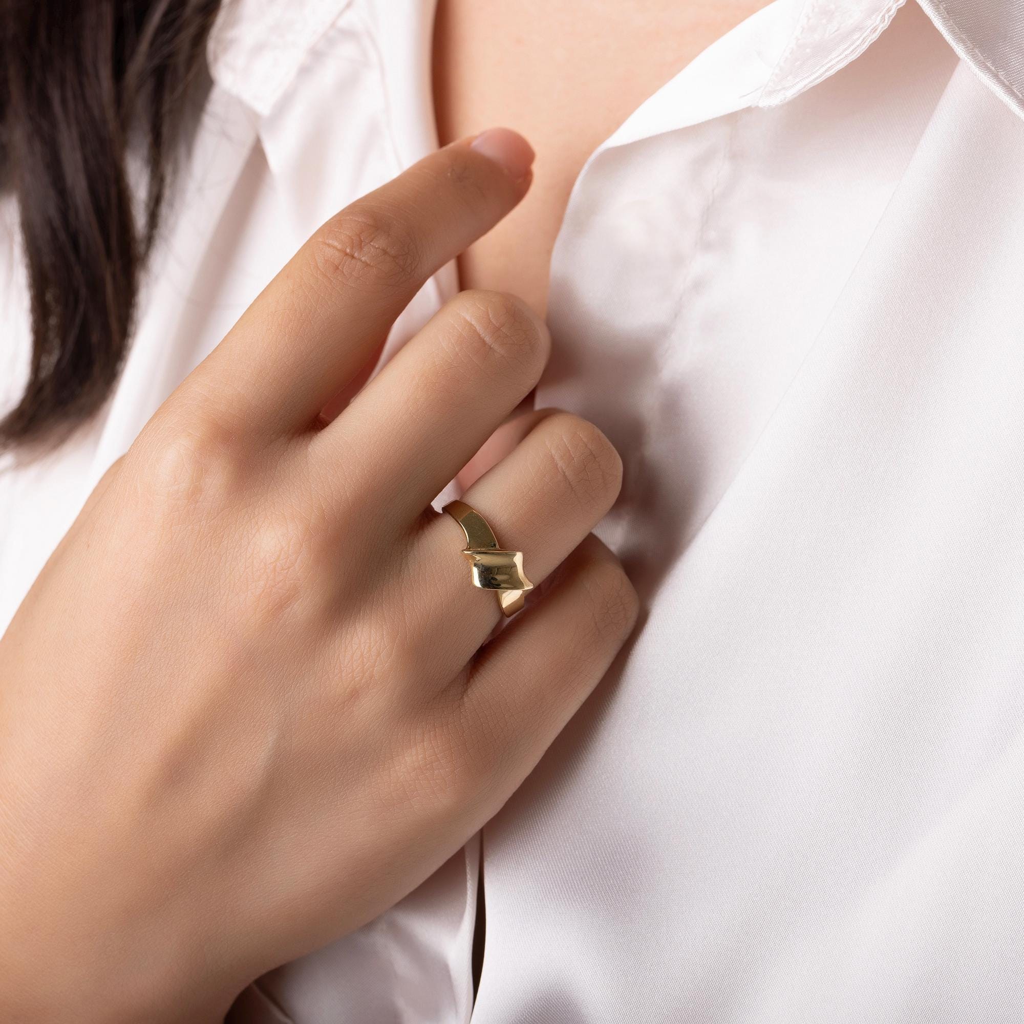 14K Solid Gold Wave Ring – Dainty Bold Statement Band