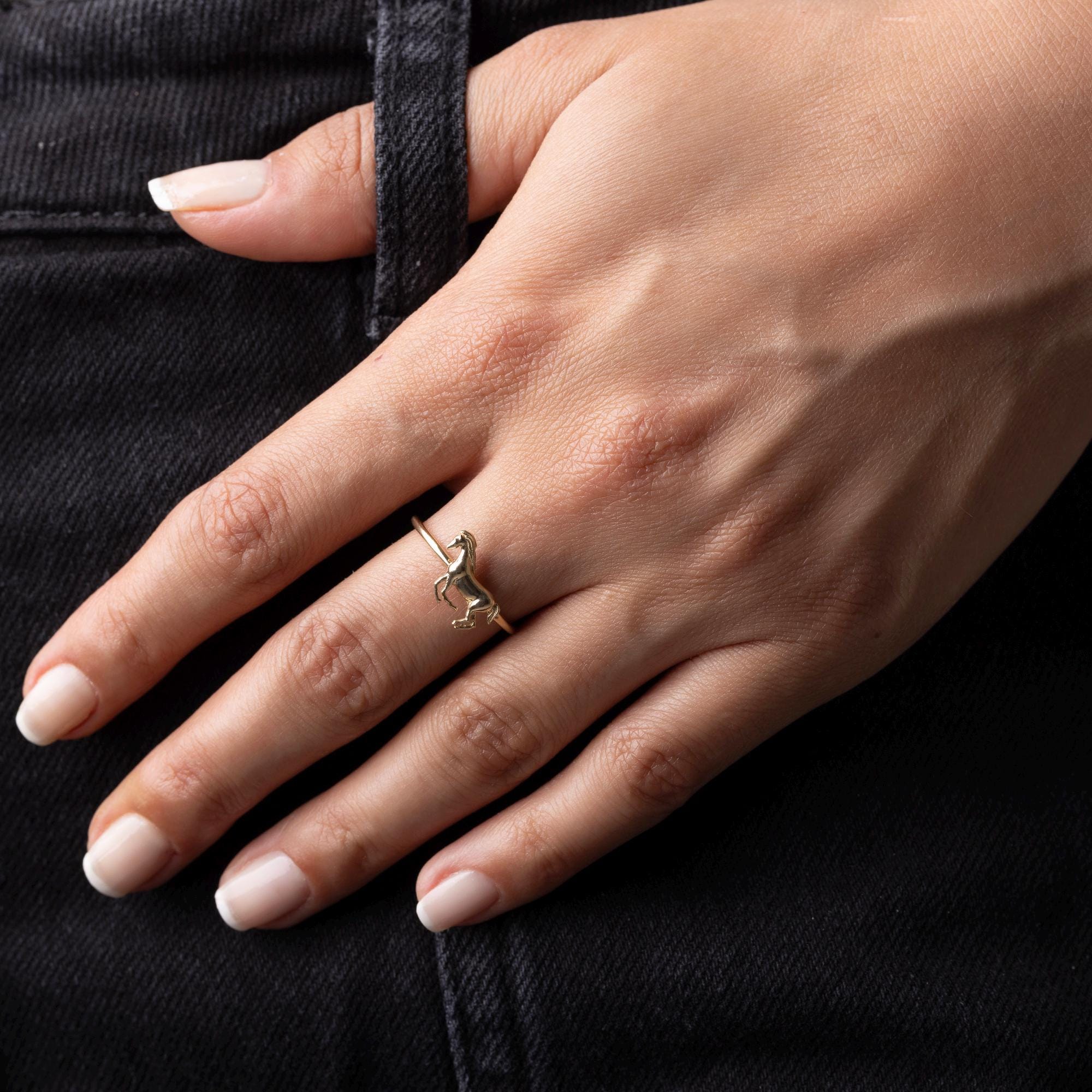 14K Solid Gold Horse Ring - 10mm Animal Design Ring