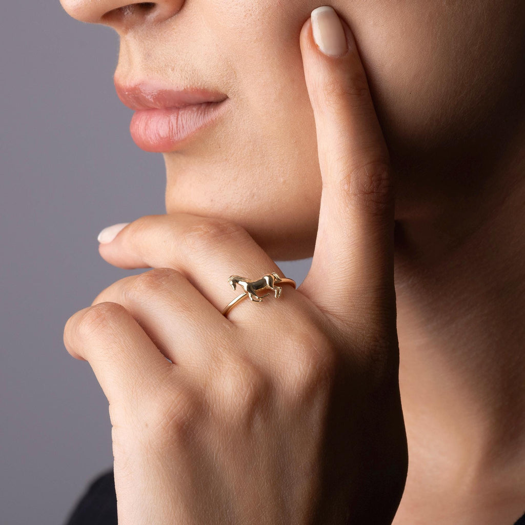 14K Solid Gold Horse Ring - 10mm Animal Design Ring