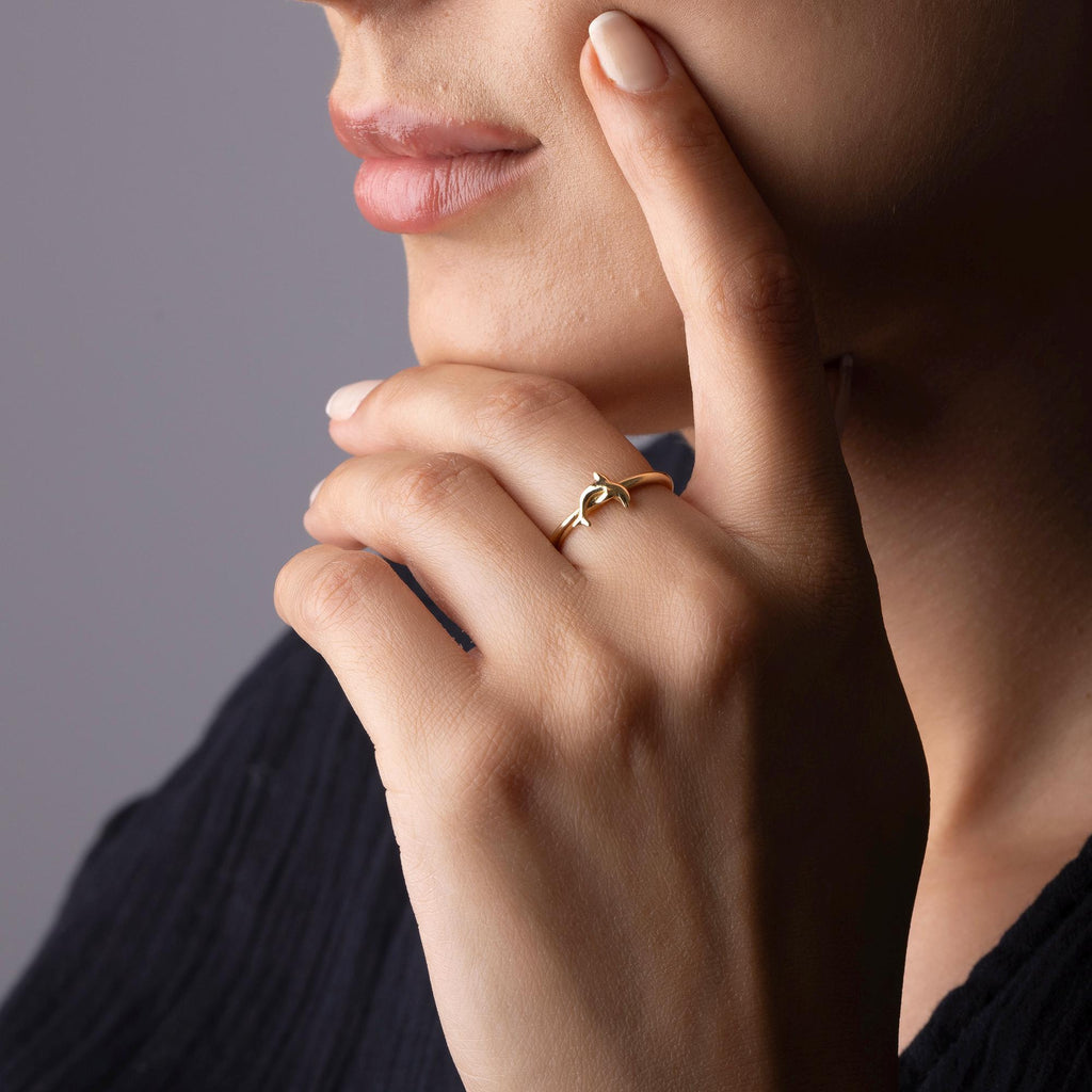 14K Solid Gold Dolphin Ring - Handmade Real Gold Animal Ring