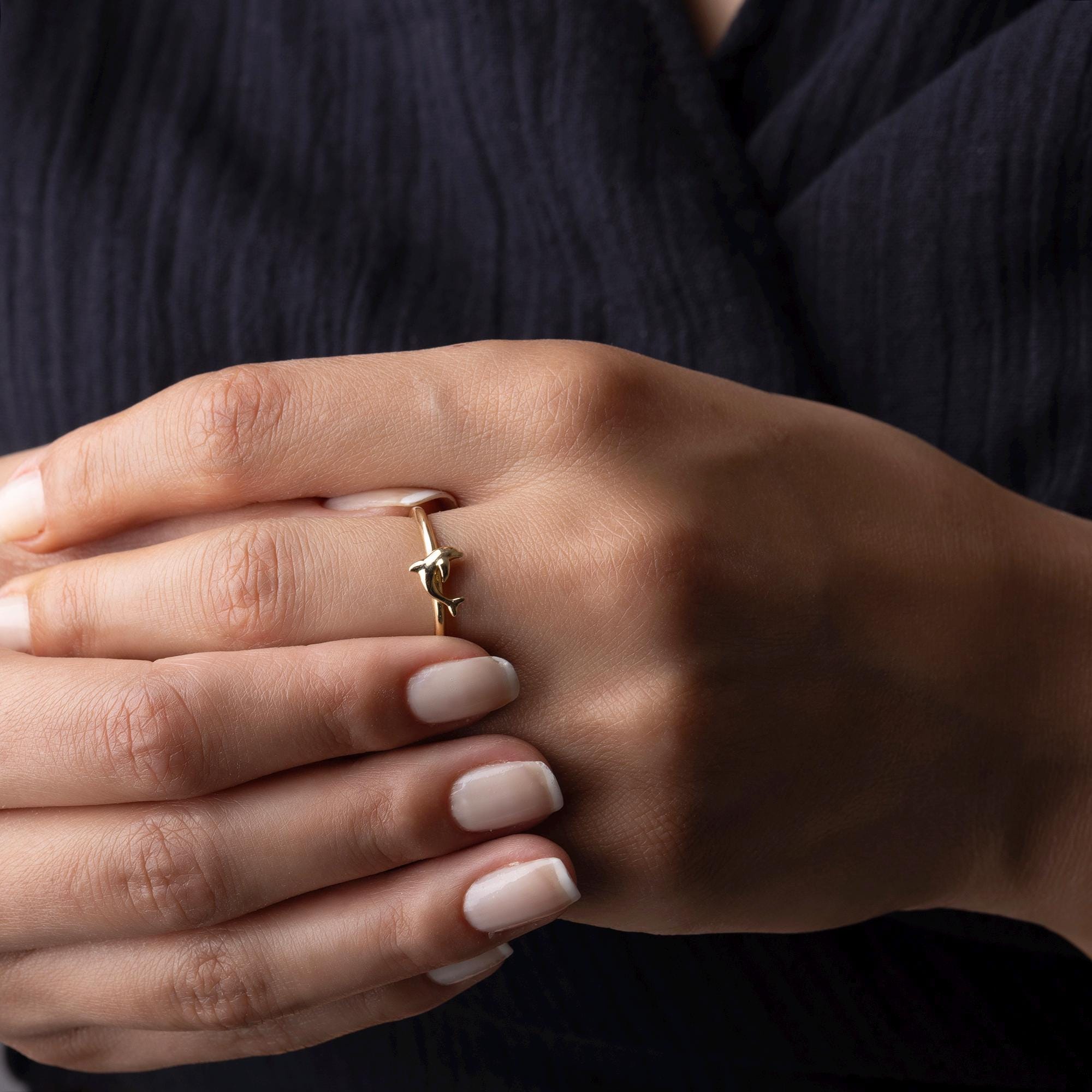 14K Solid Gold Dolphin Ring - Handmade Real Gold Animal Ring