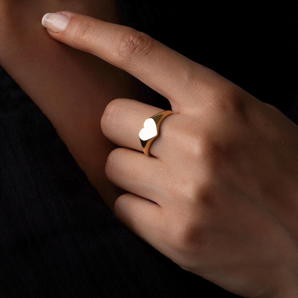 14K Solid Gold Heart Signet Ring -  Minimalist Chunky Gold Ring