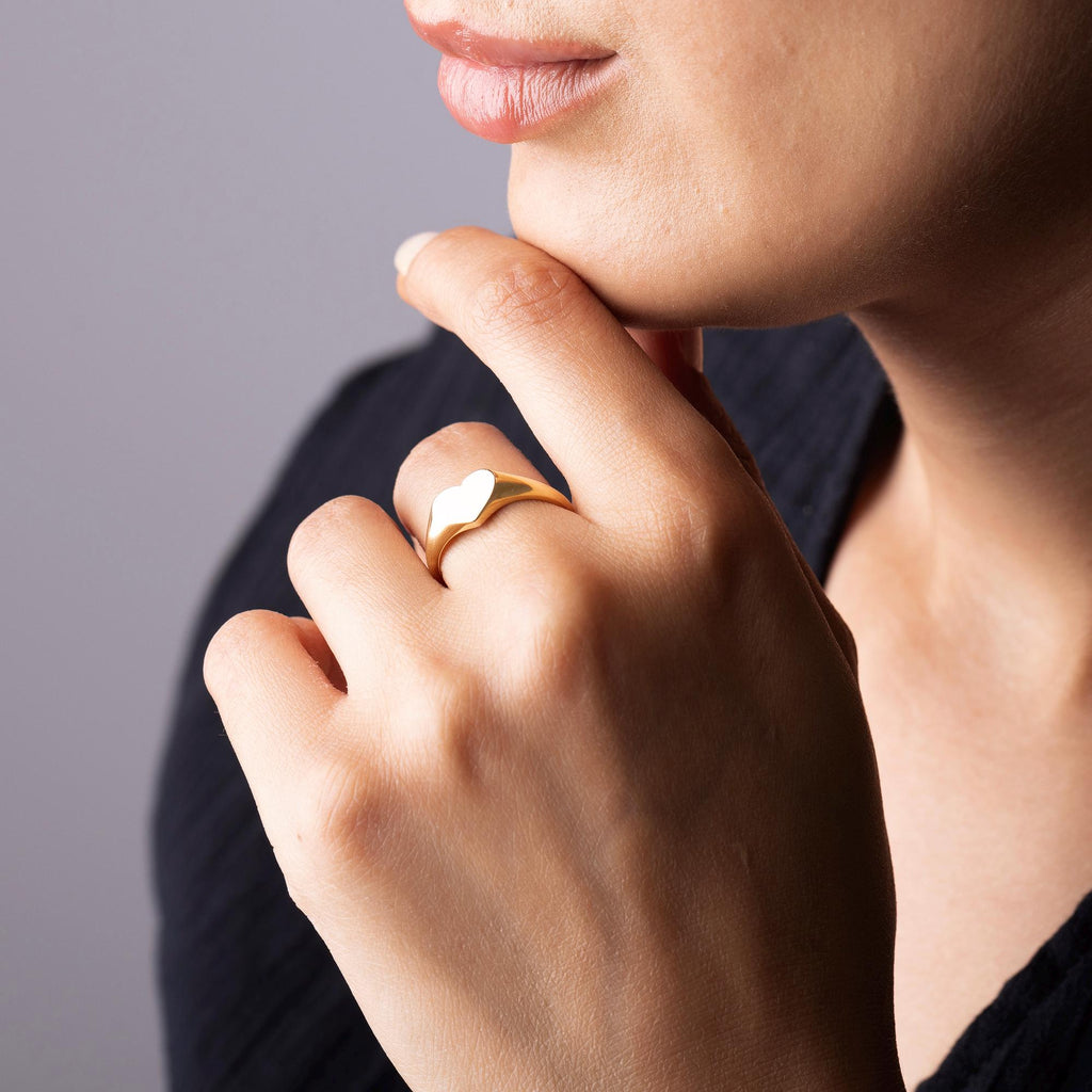 14K Solid Gold Heart Signet Ring -  Minimalist Chunky Gold Ring