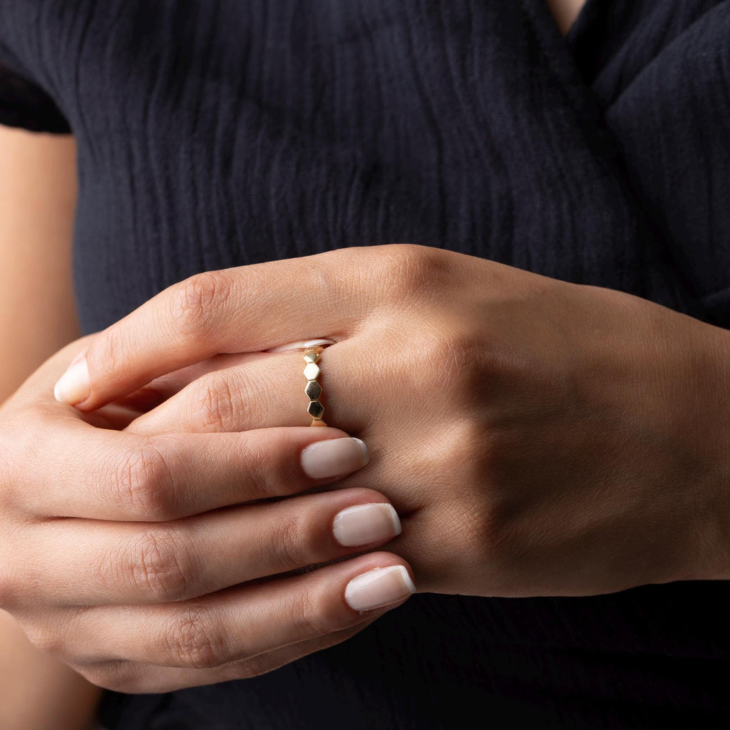 14K Solid Gold Hexagon Ring – Modern Geometric Band