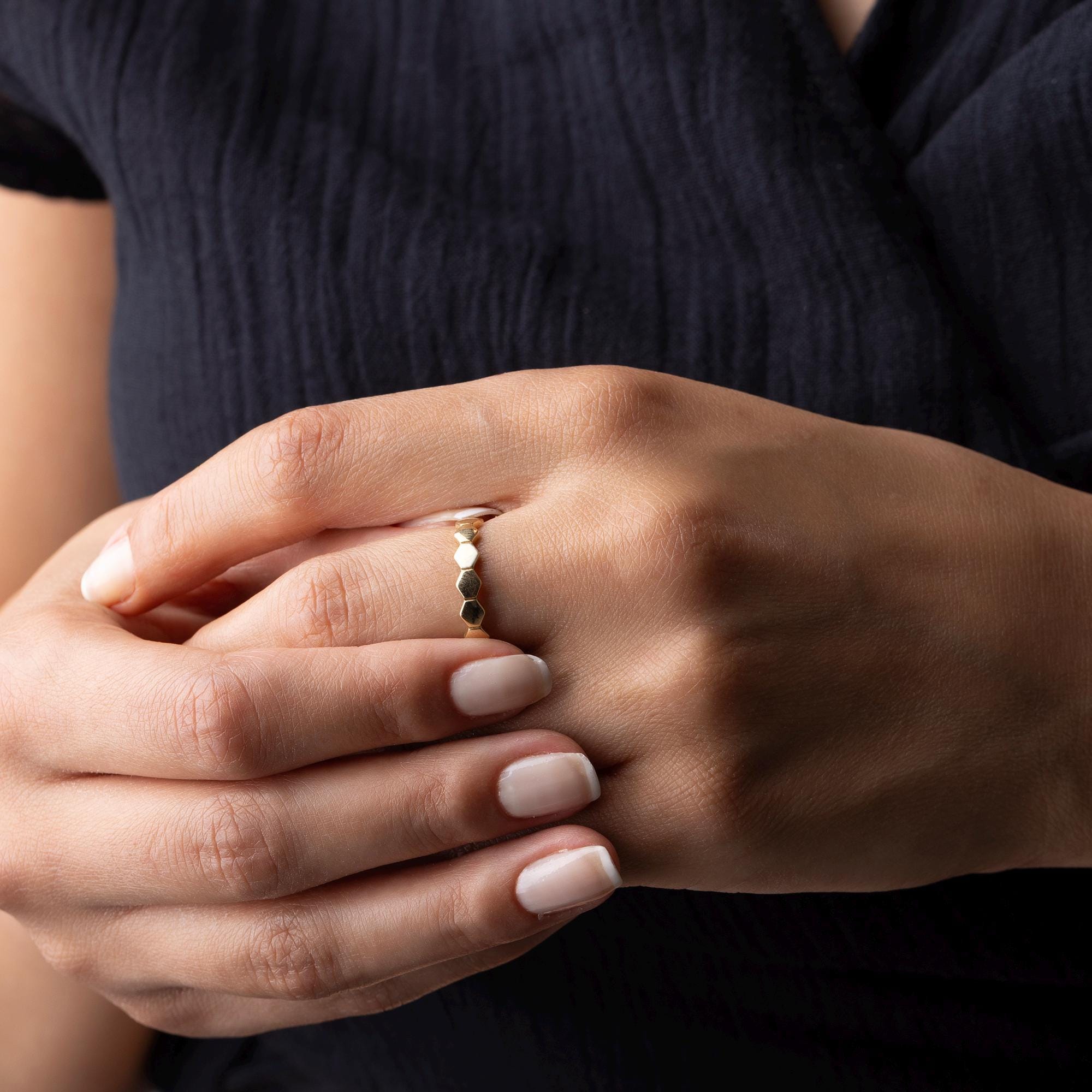 14K Solid Gold Hexagon Ring – Modern Geometric Band