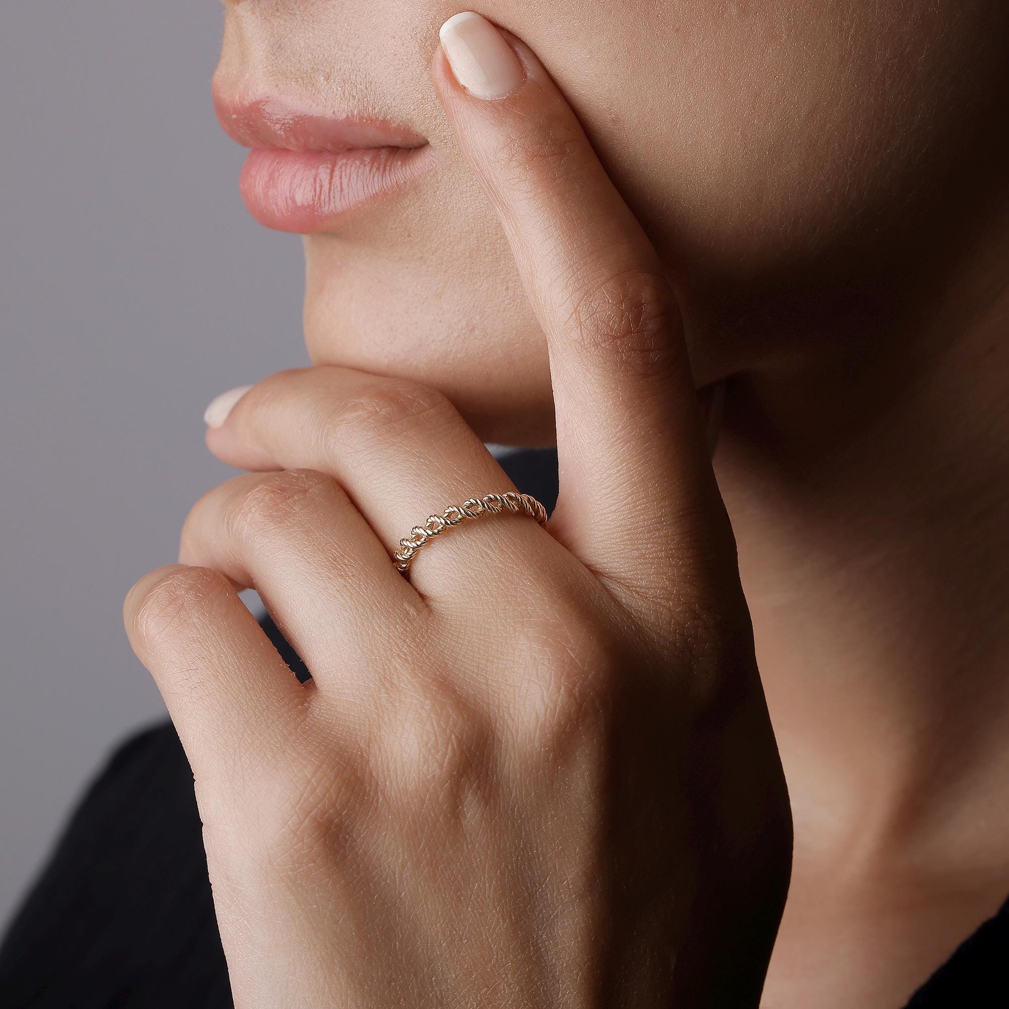 14K Solid Gold Chain Band Ring – Dainty Minimalist Link Design