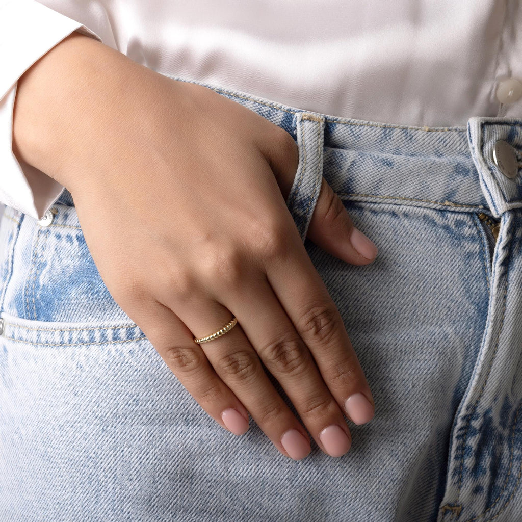 14K Solid Gold Beaded Band Ring – Dainty Minimalist Jewelry, Handmade Stacking Ring for Everyday Wear, Elegant Gift for Women and Girls