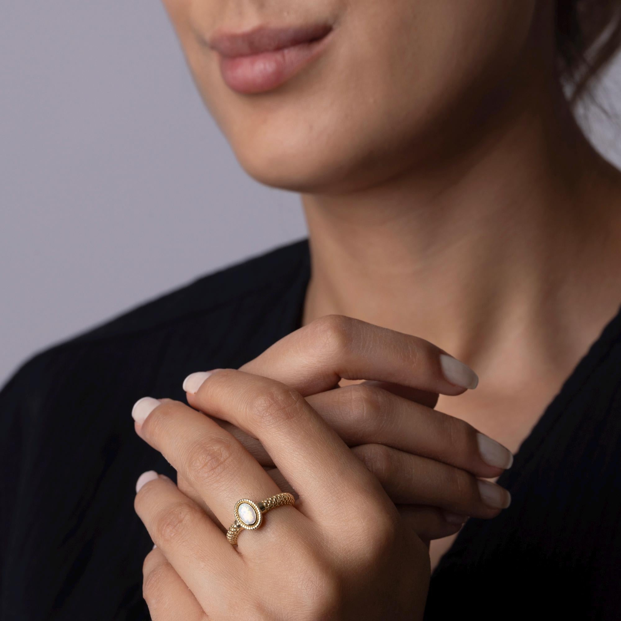 14K Solid Gold 9mm Opal Ring – Braided Band Minimalist Jewelry