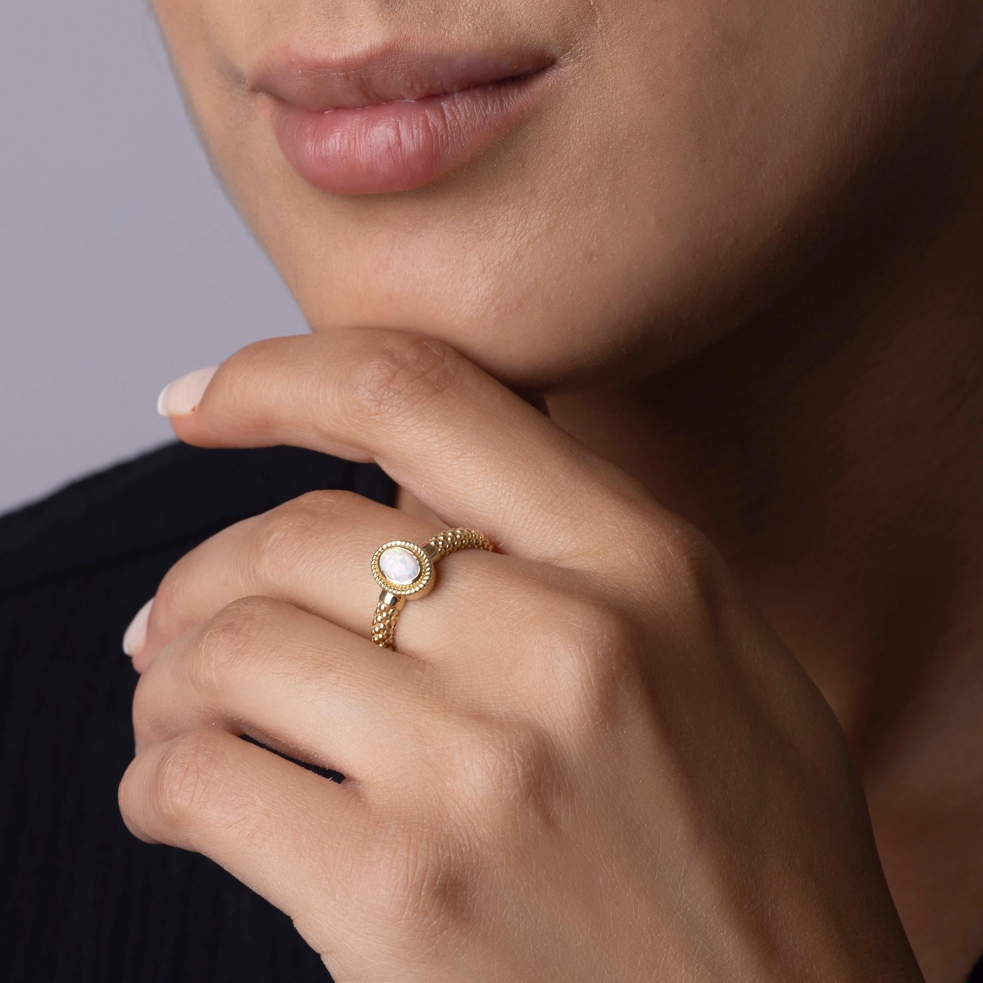 14K Solid Gold 9mm Opal Ring – Braided Band Minimalist Jewelry