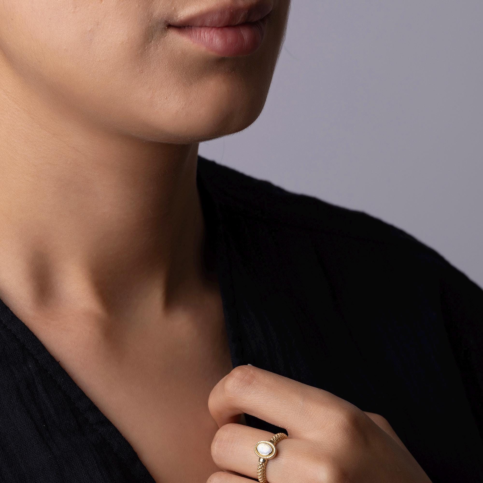 14K Solid Gold 9mm Opal Ring – Braided Band Minimalist Jewelry