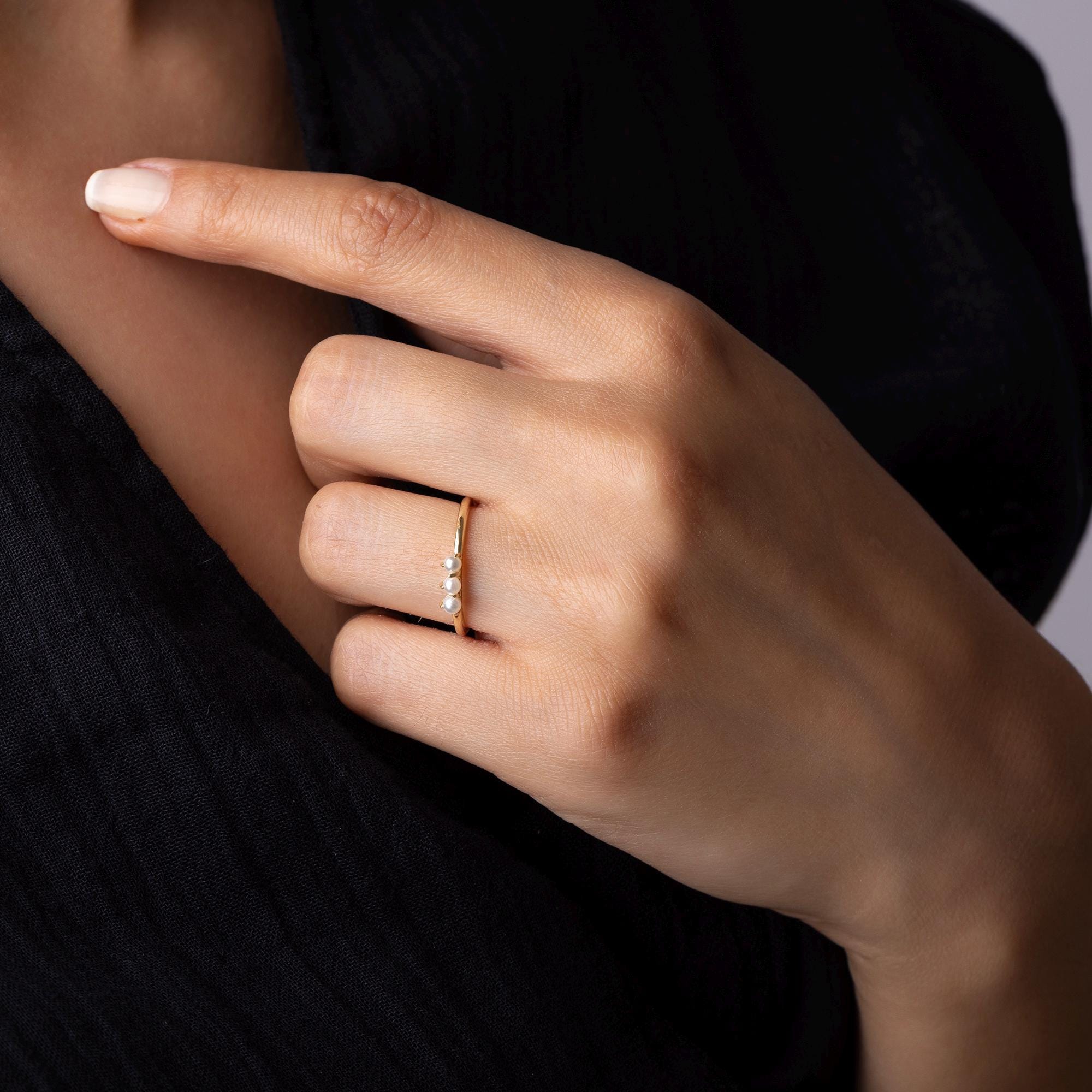 14K Solid Gold Three Pearl Ring – Dainty Stacking Ring