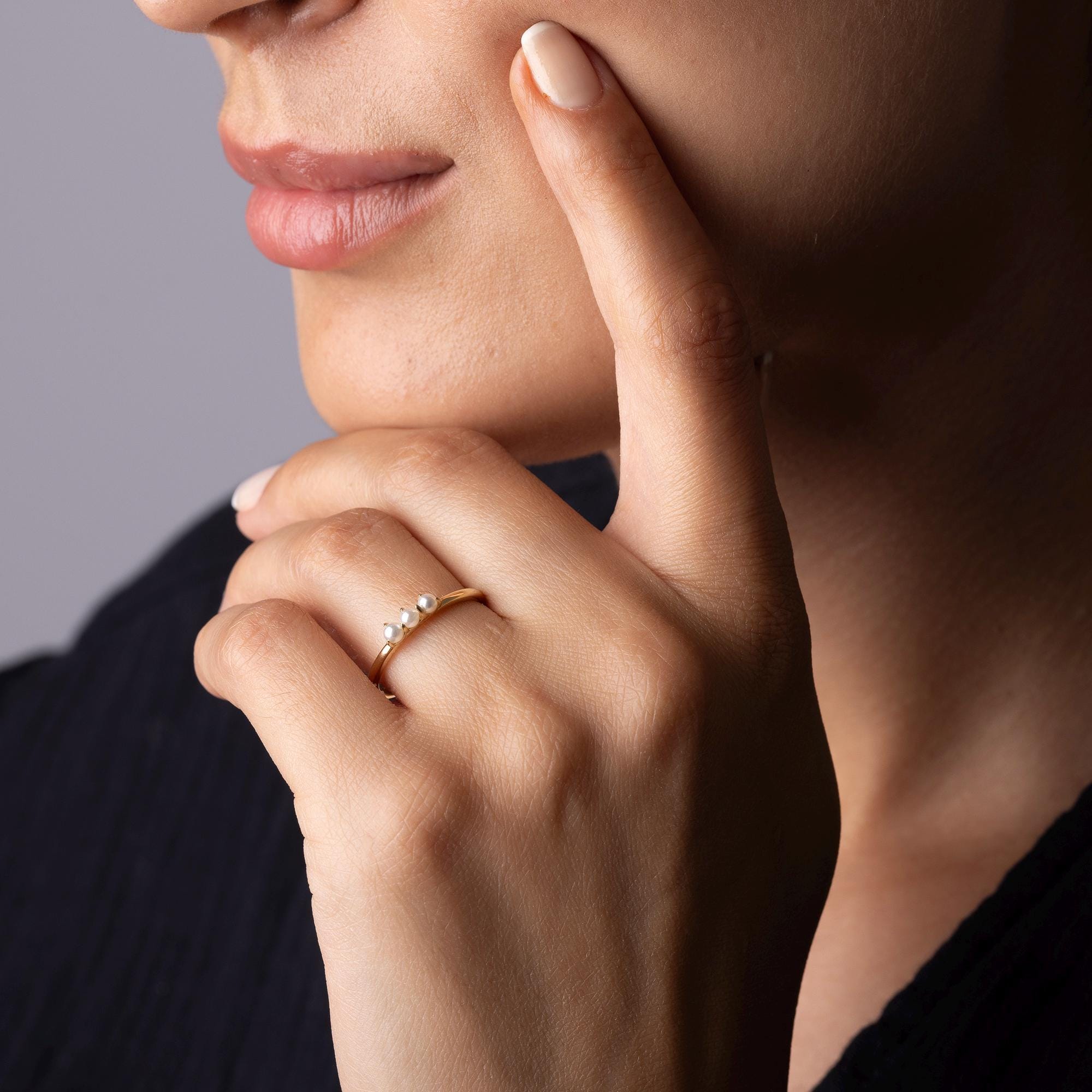 14K Solid Gold Three Pearl Ring – Dainty Stacking Ring