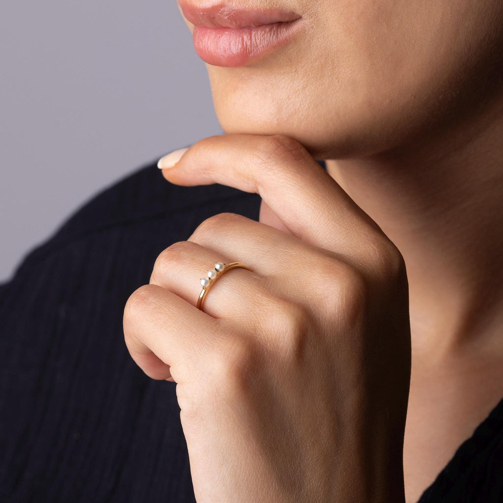 14K Solid Gold Three Pearl Ring – Dainty Stacking Ring