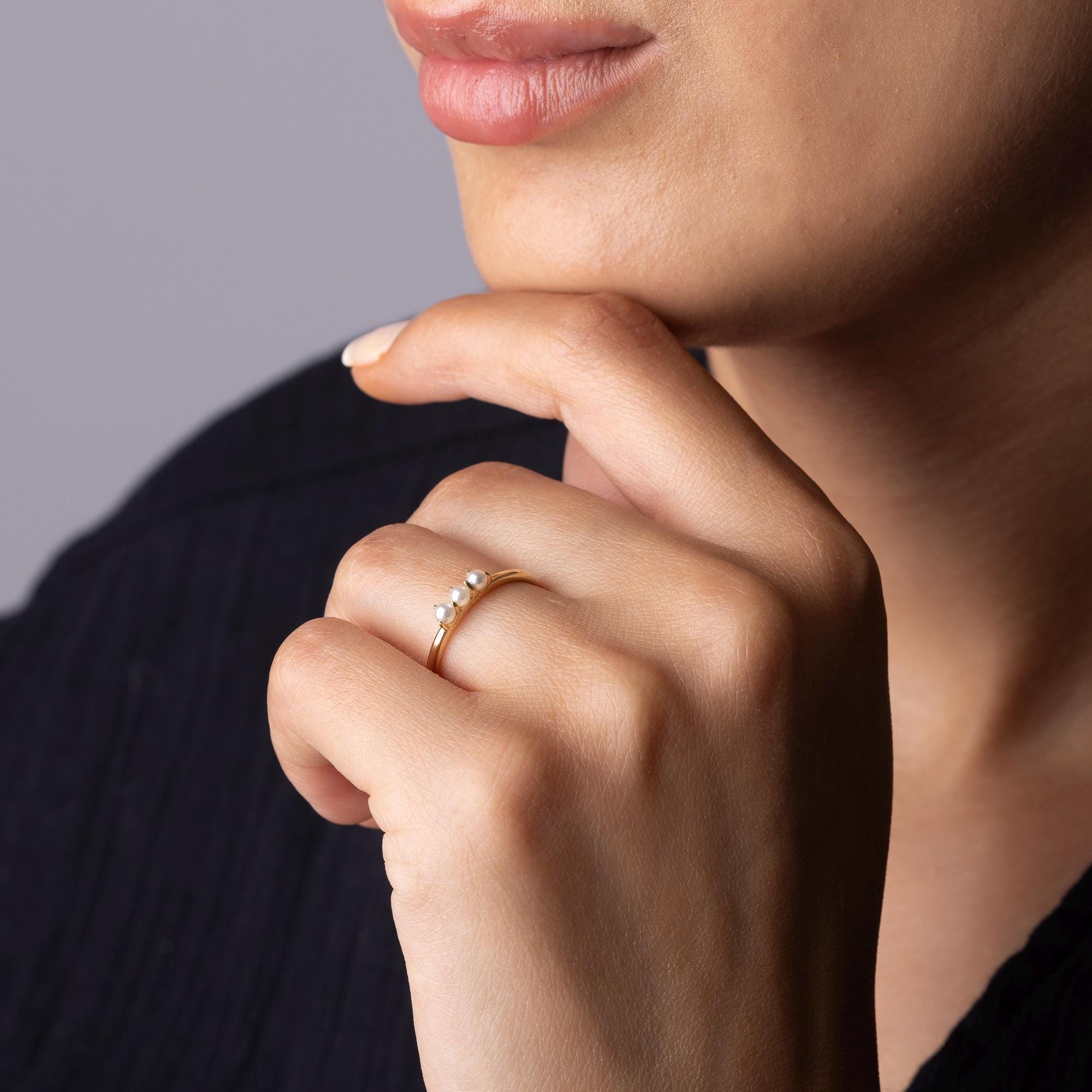 14K Solid Gold Three Pearl Ring – Dainty Stacking Ring
