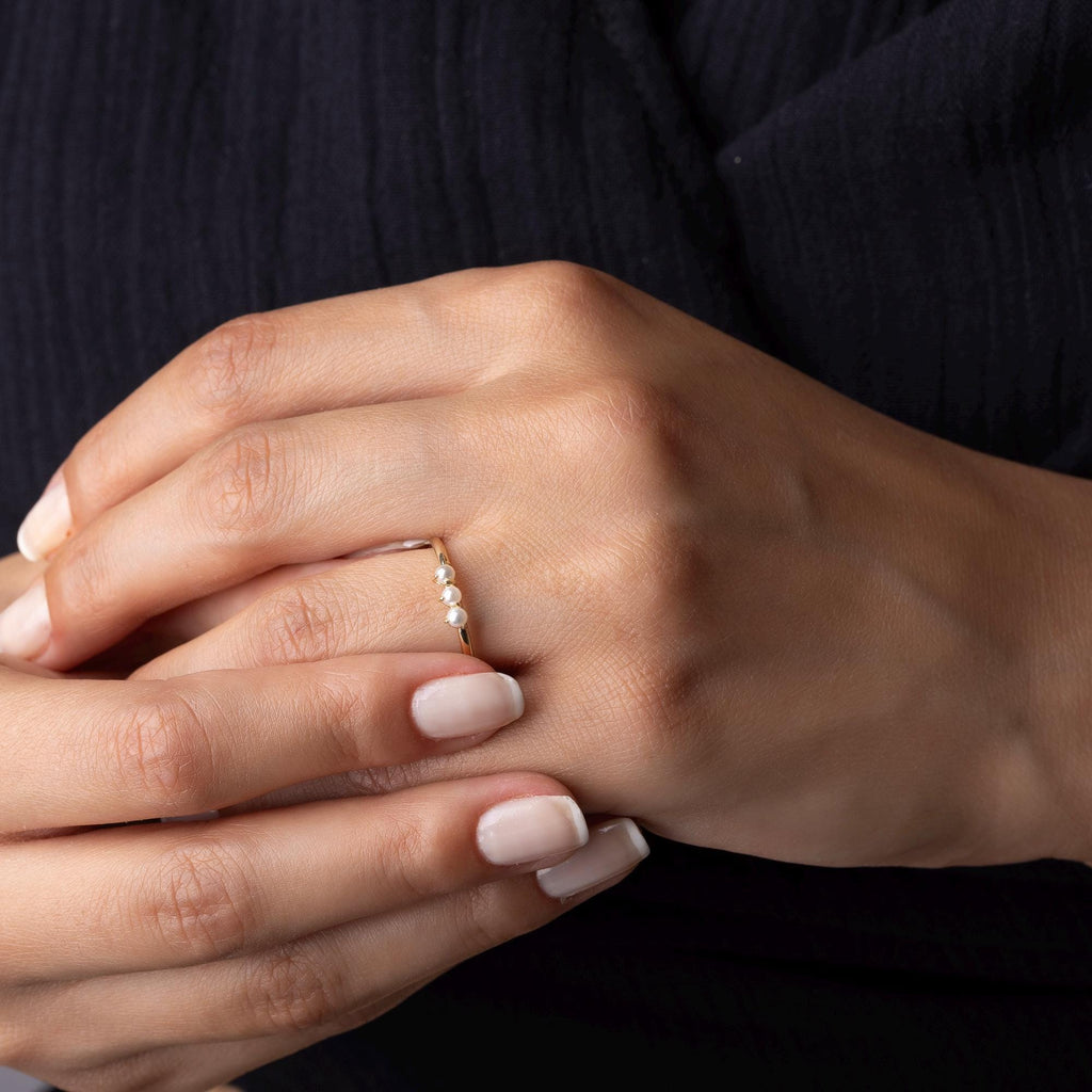 14K Solid Gold Three Pearl Ring – Dainty Stacking Ring