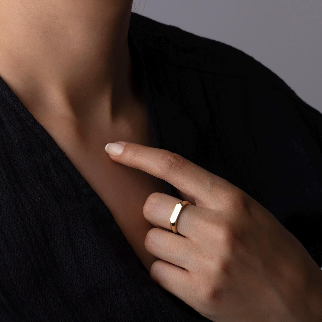 14K Solid Gold Geometric Ring – Minimalist Hexagon Signet Band