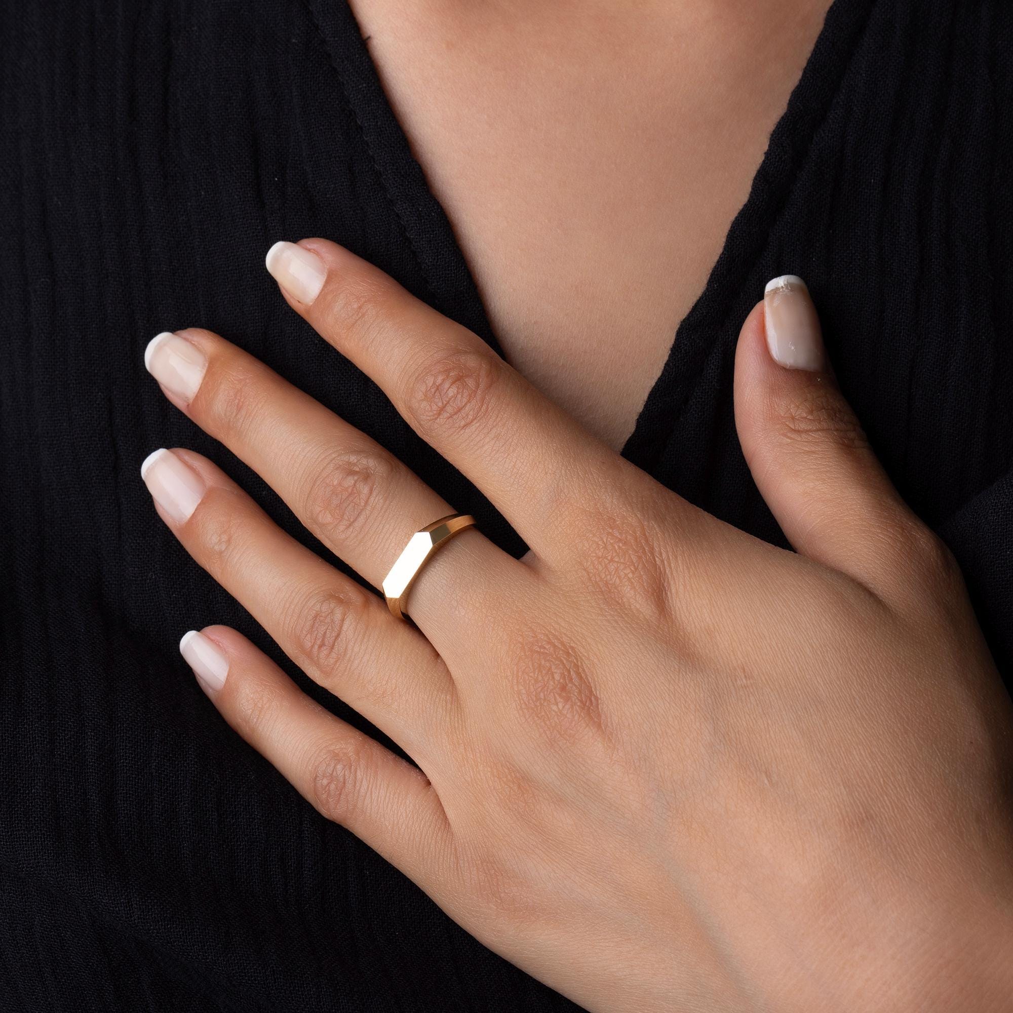 14K Solid Gold Geometric Ring – Minimalist Hexagon Signet Band
