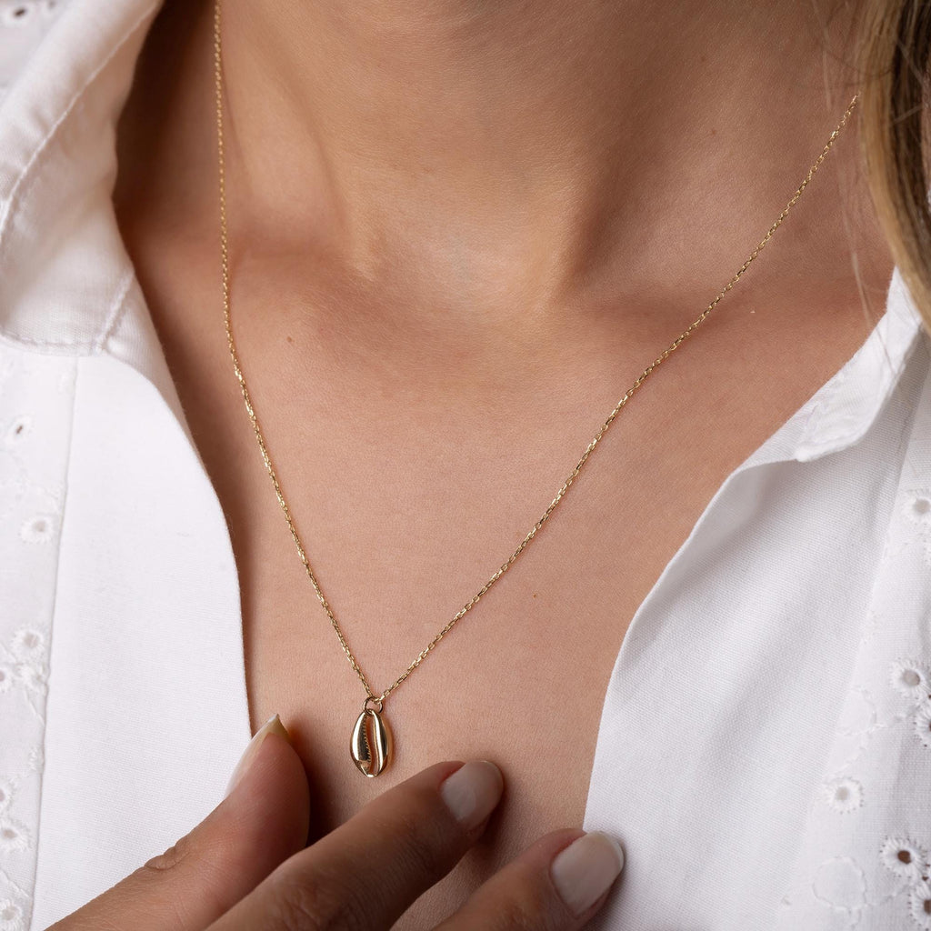 14K Solid Gold Cowrie Shell Necklace - Real Gold Seashell Pendant