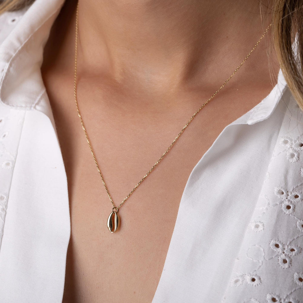 14K Solid Gold Cowrie Shell Necklace - Real Gold Seashell Pendant