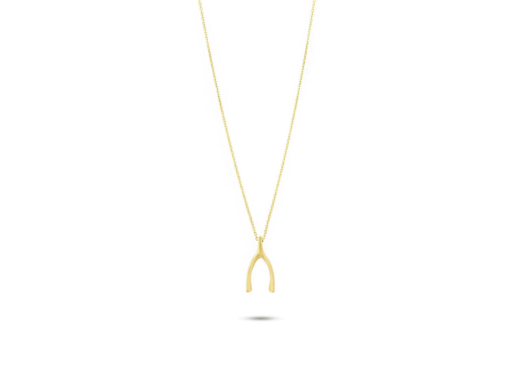 14K Solid Gold Wishbone Necklace - Dainty Lucky Charm Pendant