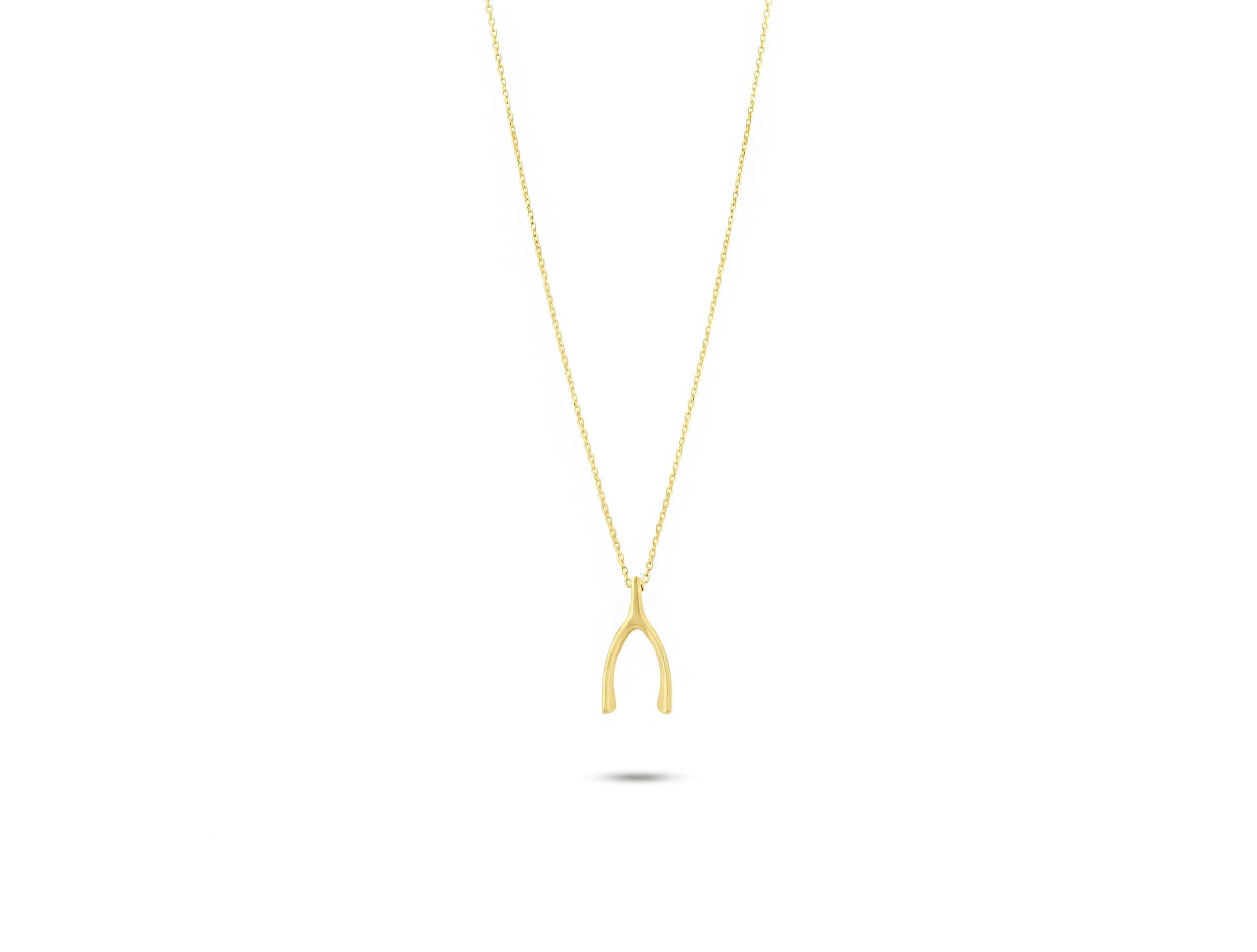 14K Solid Gold Wishbone Necklace - Dainty Lucky Charm Pendant