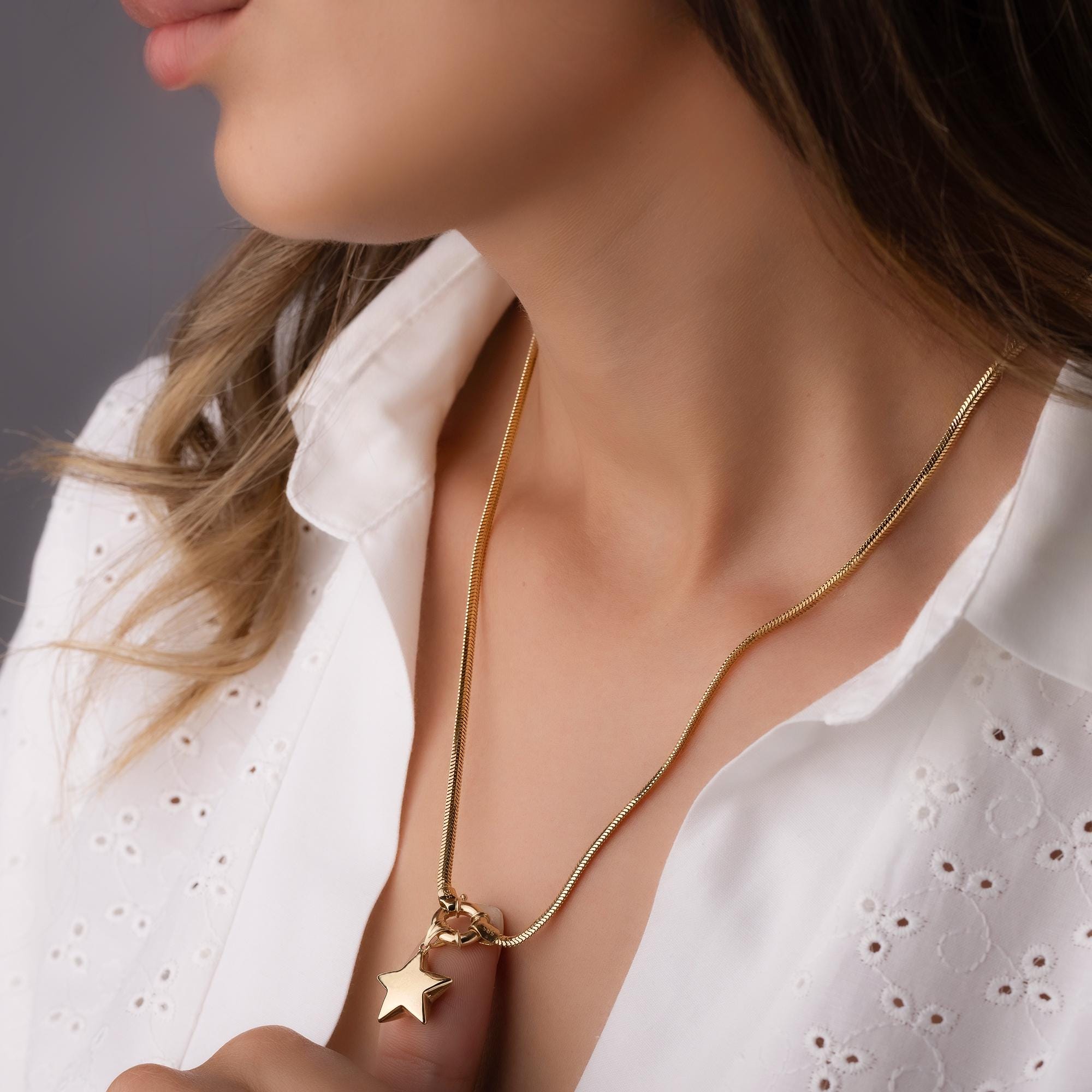 14K Solid Gold Star Pendant Necklace - Chunky Gold Chain Jewelry